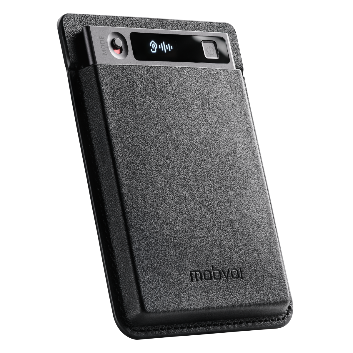 Funda de cuero negra con pantalla y botones, sobre fondo negro.