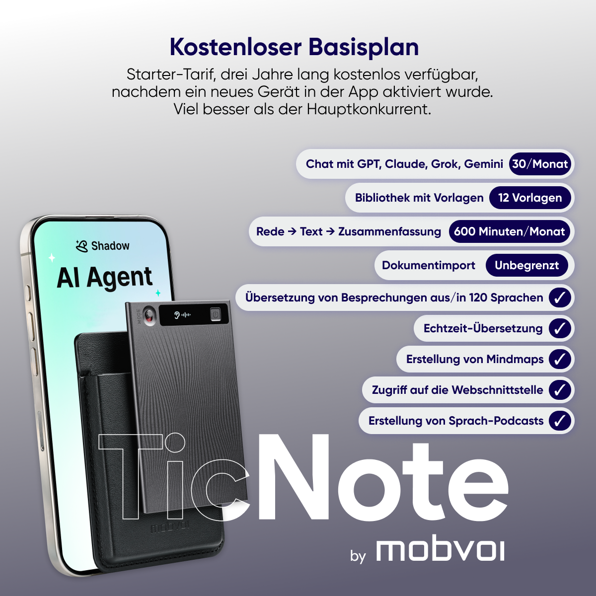 Smartphone con "AI Agent" y dispositivo TicNote. Lista de funciones y precios.