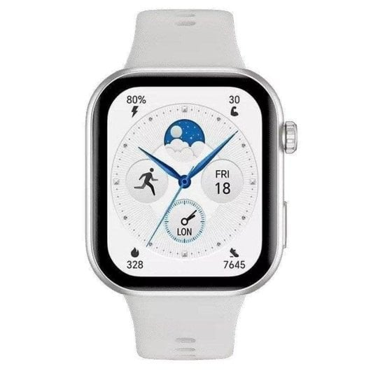 Reloj inteligente plateado con correa blanca y esfera digital. Muestra hora, fecha, batería, iconos.