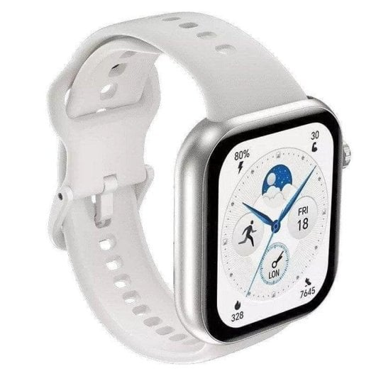 Un reloj inteligente blanco con caja plateada y esfera que muestra clima y actividad.
