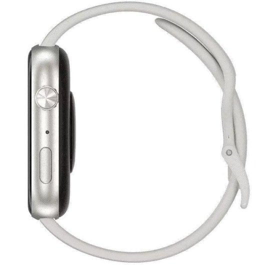 Reloj inteligente plateado con correa blanca, vista lateral.