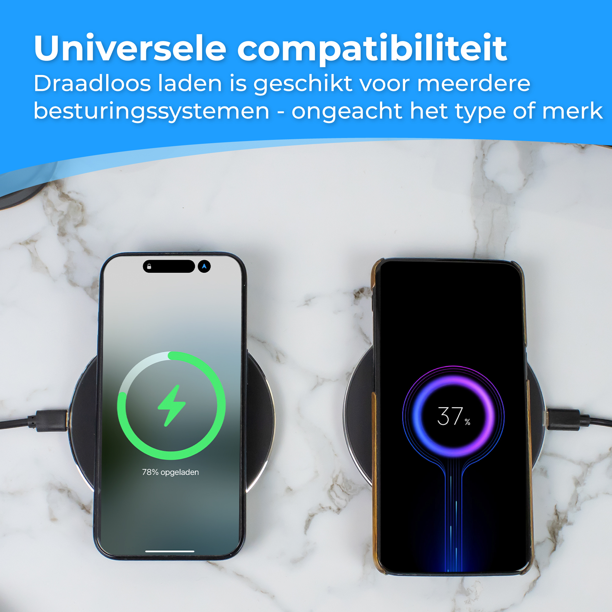 Twee smartphones laden draadloos op marmer. Eén toont 78%, de ander 37%.