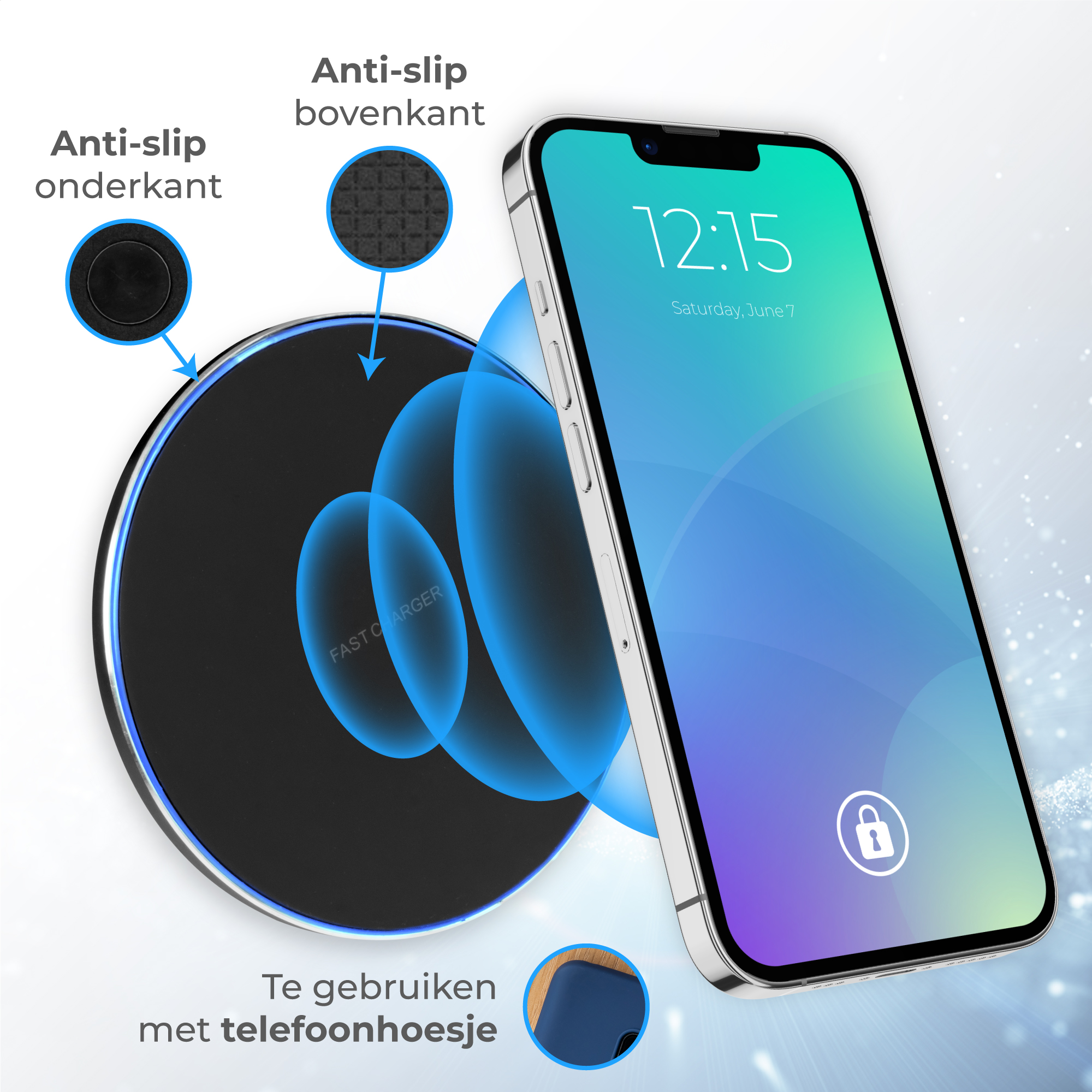 Een smartphone laadt op een zwarte draadloze oplader. Tijd is 12:15.