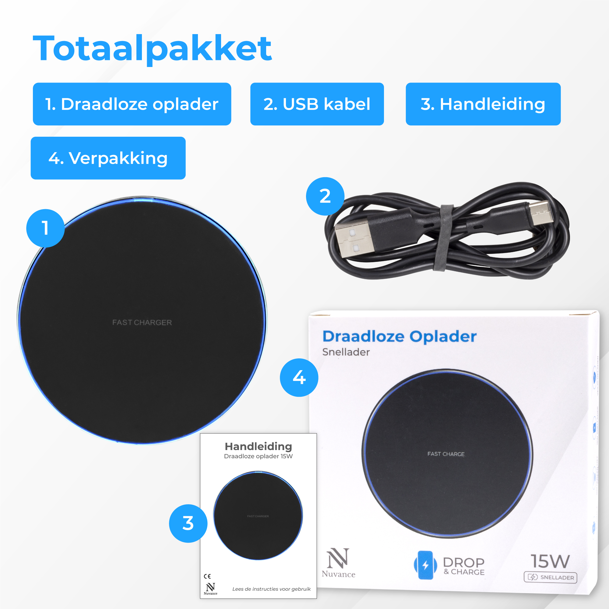 Een draadloze oplader, USB-kabel, handleiding en verpakking. Totaalpakket.