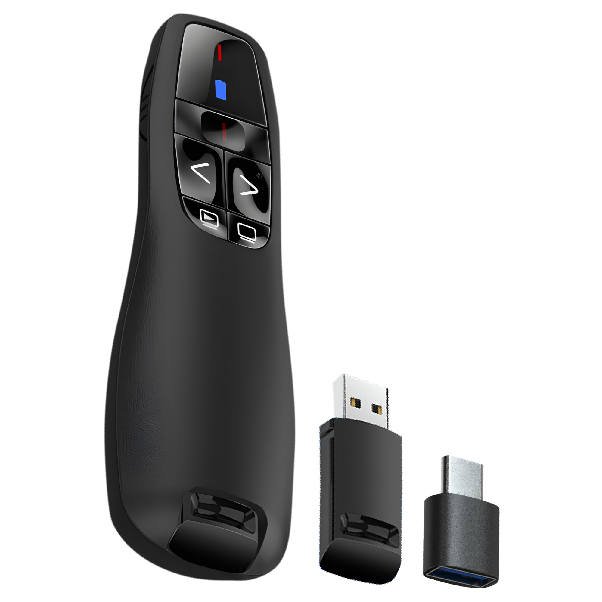 Zwarte presentator met knoppen en twee USB-adapters op witte achtergrond.