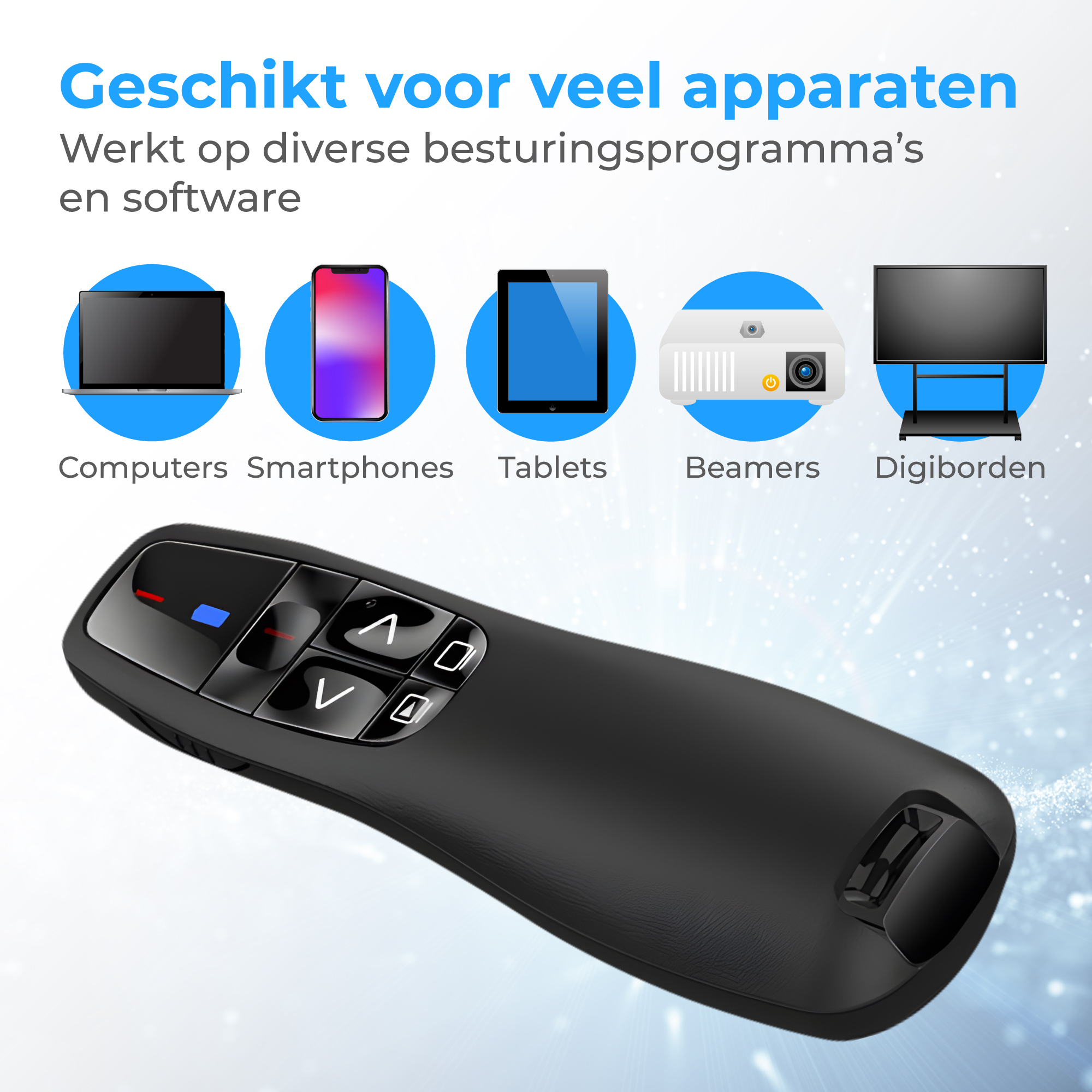 Een zwarte afstandsbediening met knoppen op de voorgrond. Apparaat-iconen op de achtergrond.