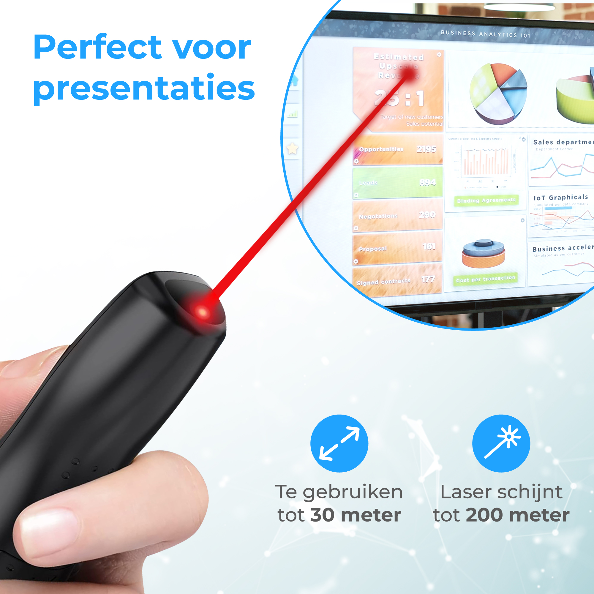 Zwarte laserpointer richt rode straal op scherm met bedrijfsanalyse grafieken.