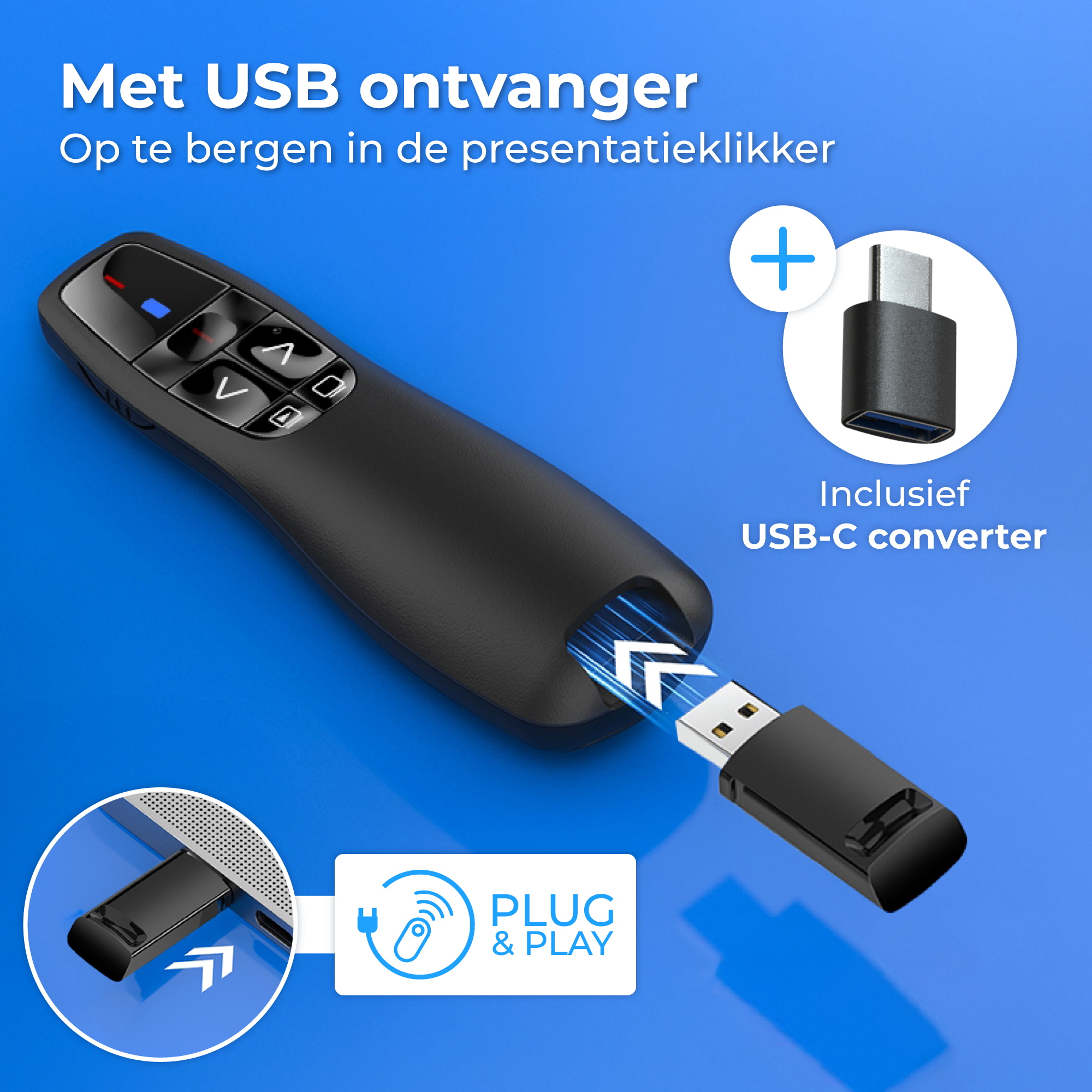 Zwarte presentatieklikker met USB-ontvanger en USB-C-converter.
