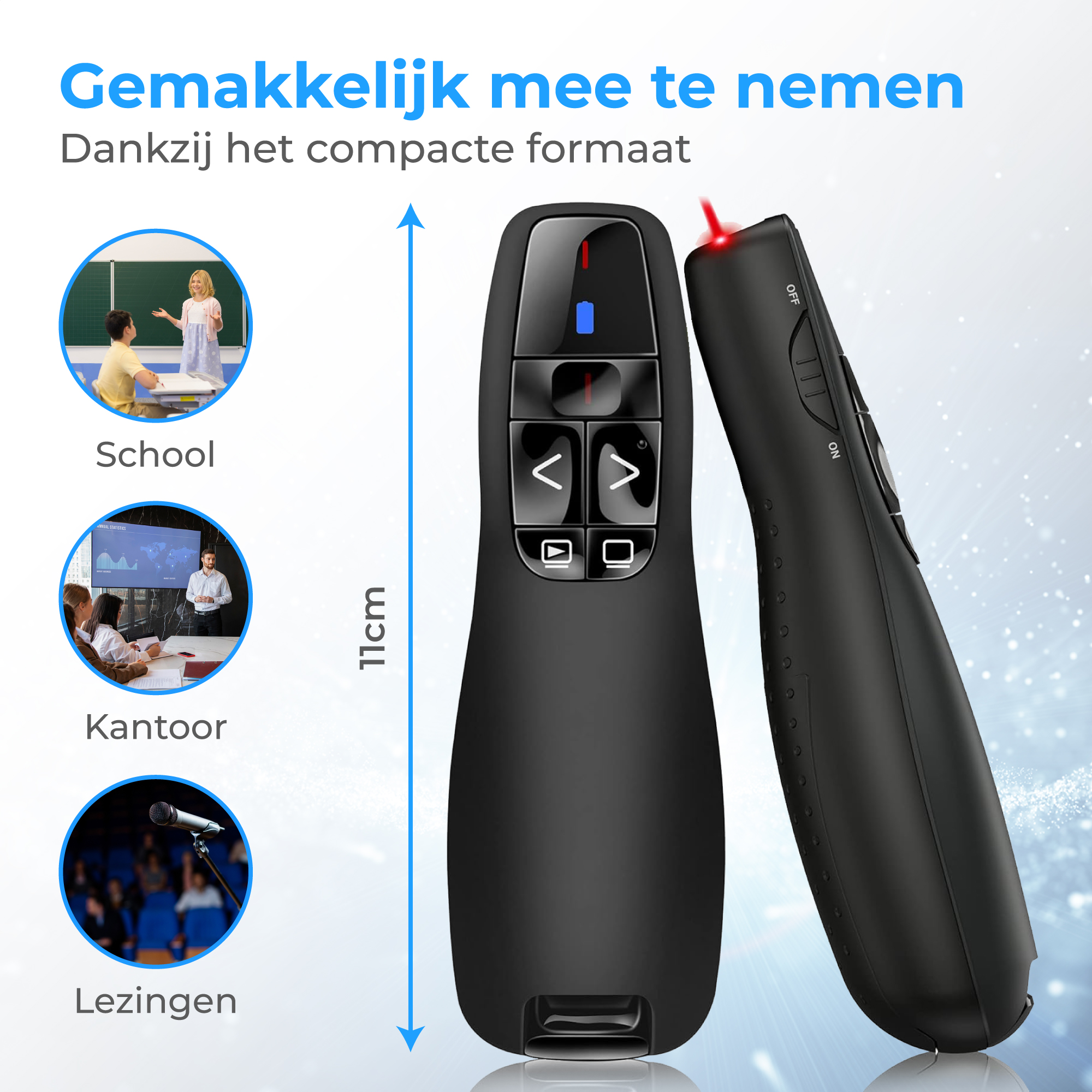 Zwarte presentatie clicker met rode laser. Scènes: school, kantoor, lezing.