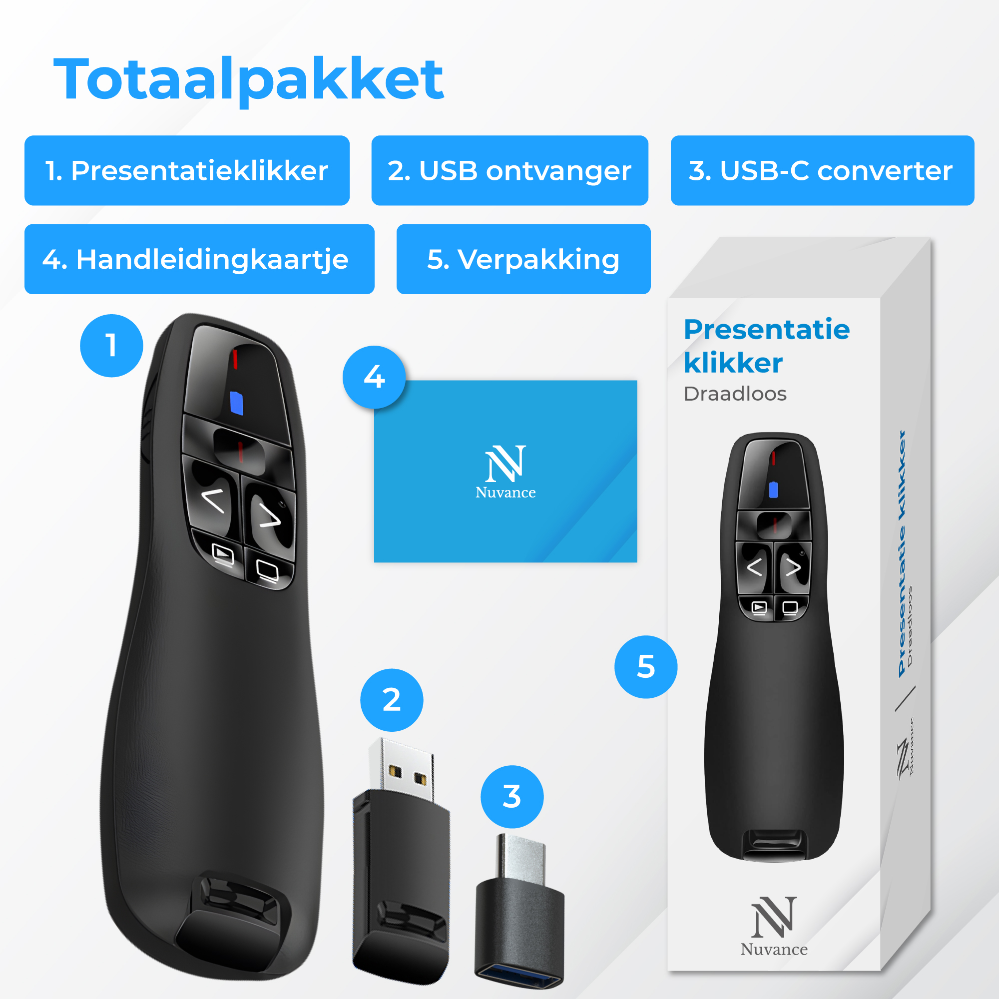 Een zwarte presentatieklikker met knoppen, USB-ontvanger, USB-C-adapter, kaart en verpakking.