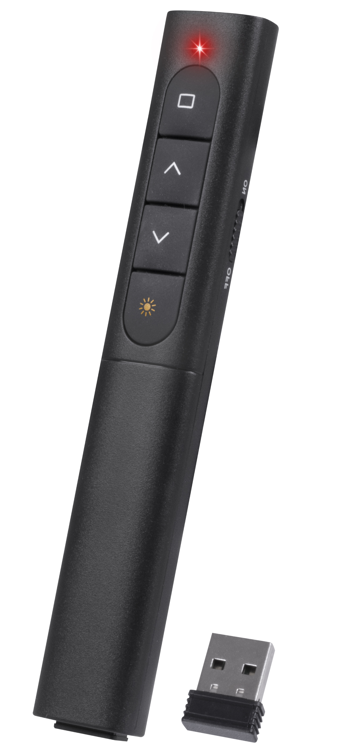 Zwarte presentator met rode LED en USB-dongle.