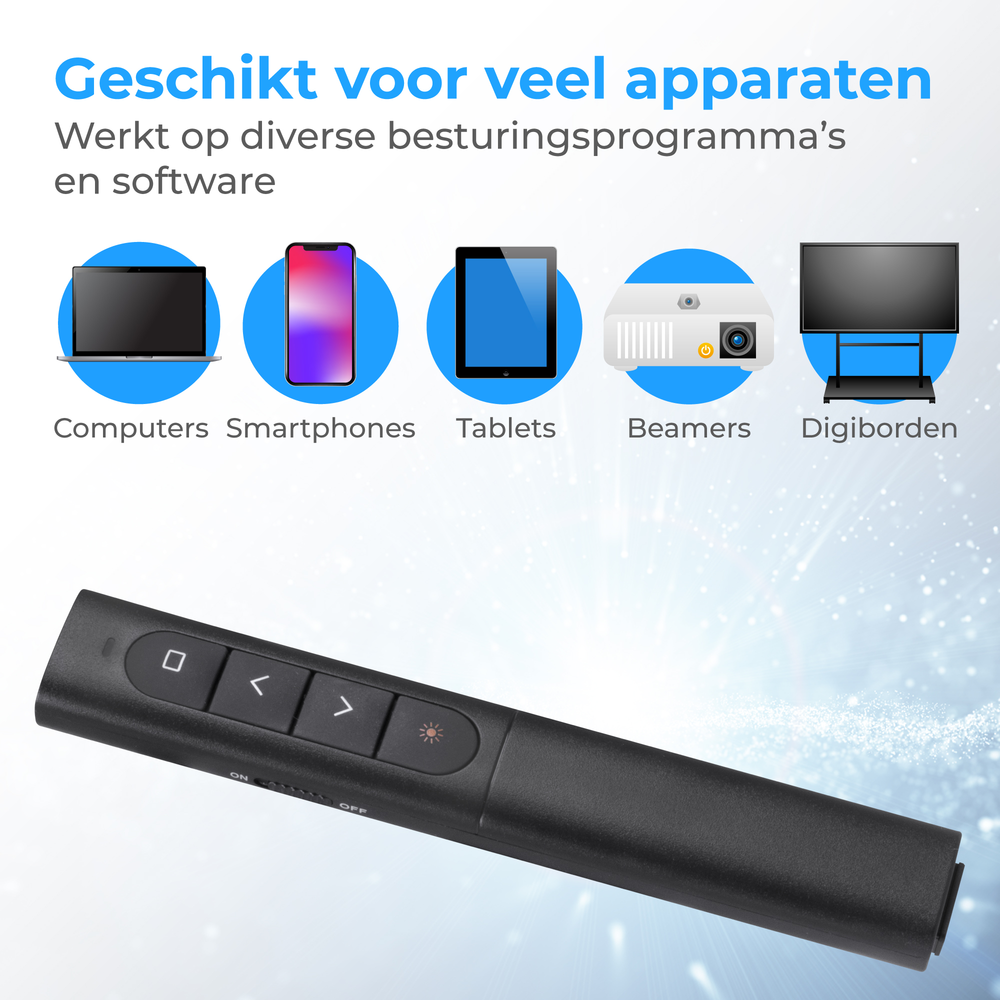Zwarte afstandsbediening met knoppen, geschikt voor computers, telefoons, tablets, beamers en digiborden.