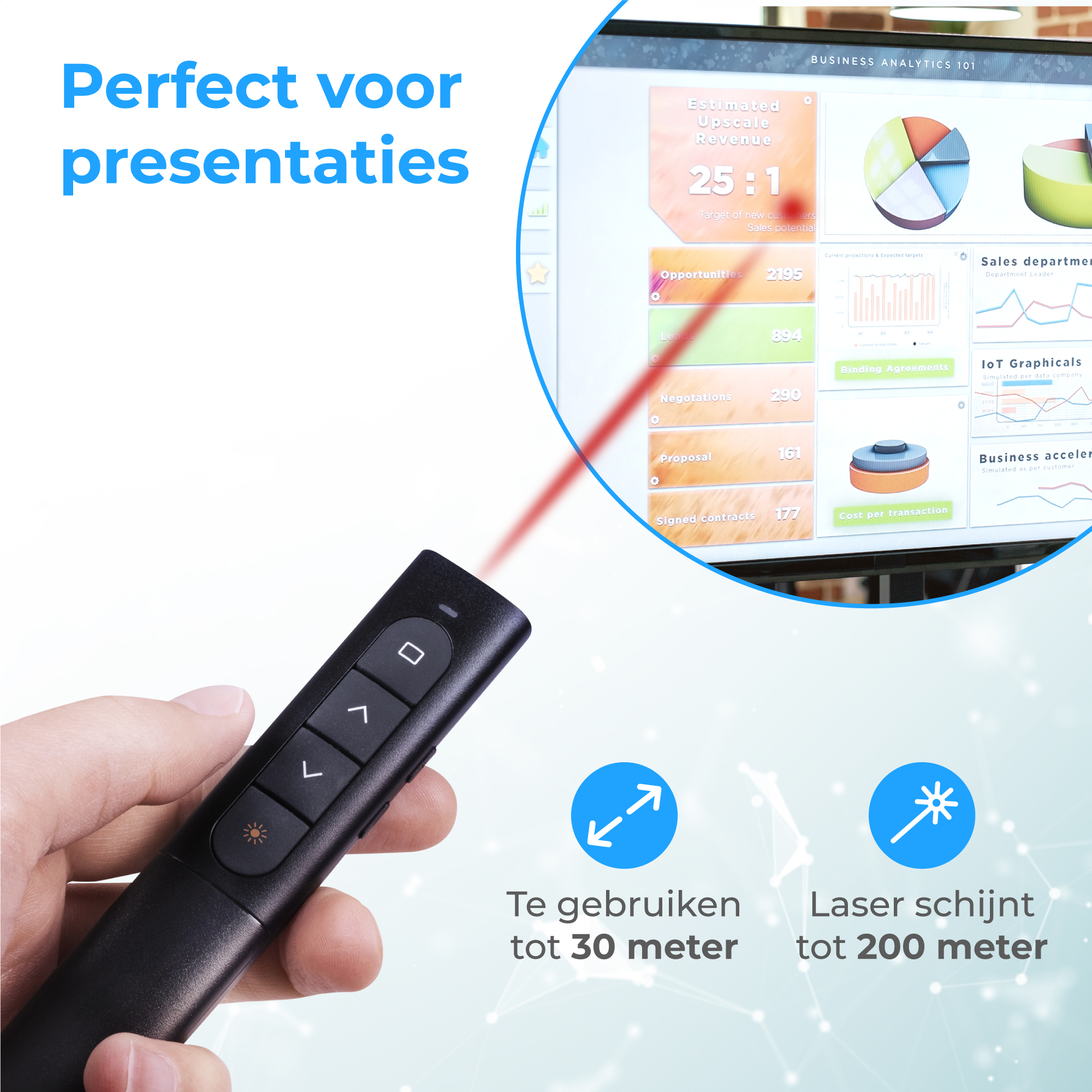 Hand houdt zwarte presentatiepen vast, rode laserstraal wijst naar scherm met grafieken.