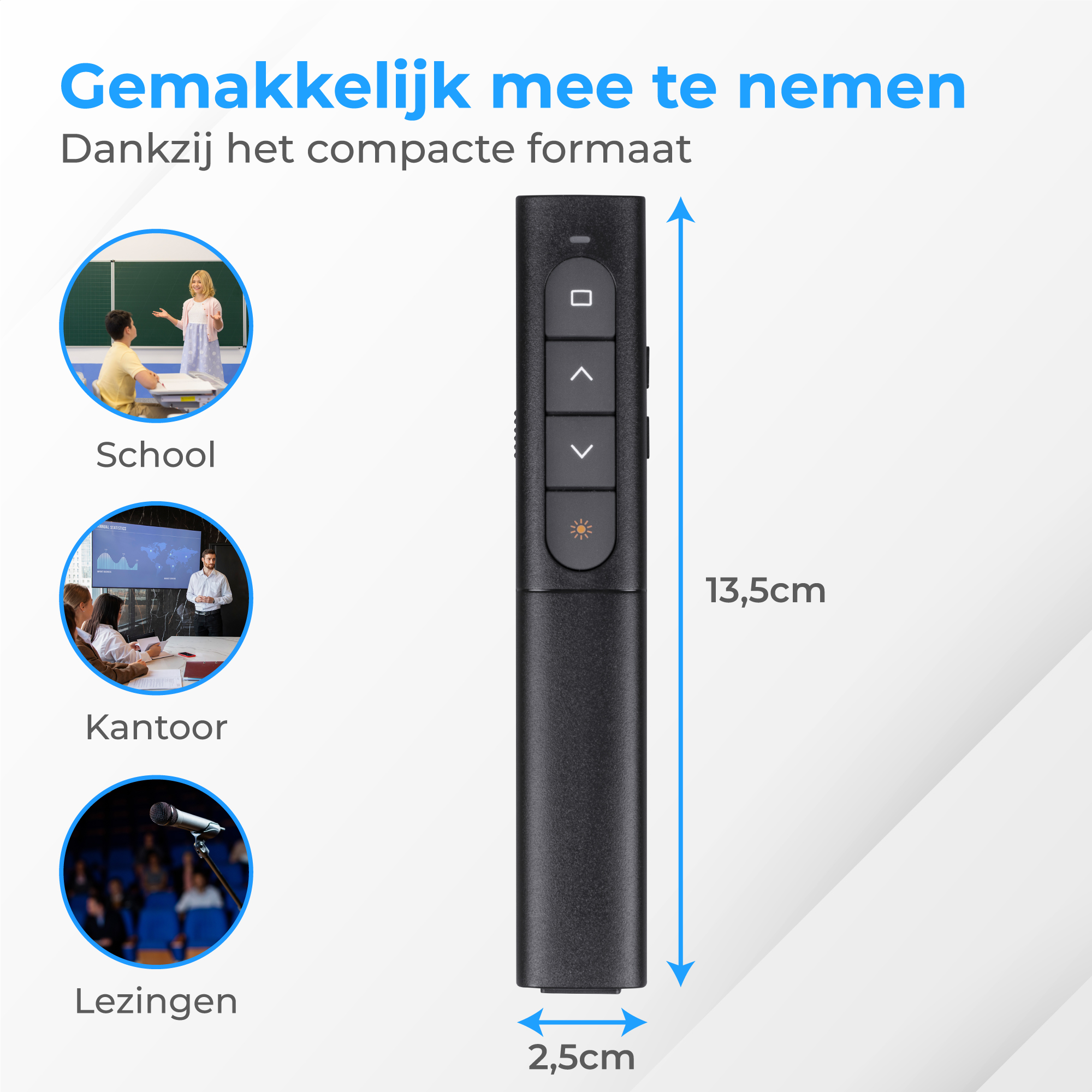 Zwarte presentatieklikker met pijltjestoetsen en lichtknop, 13,5cm lang.