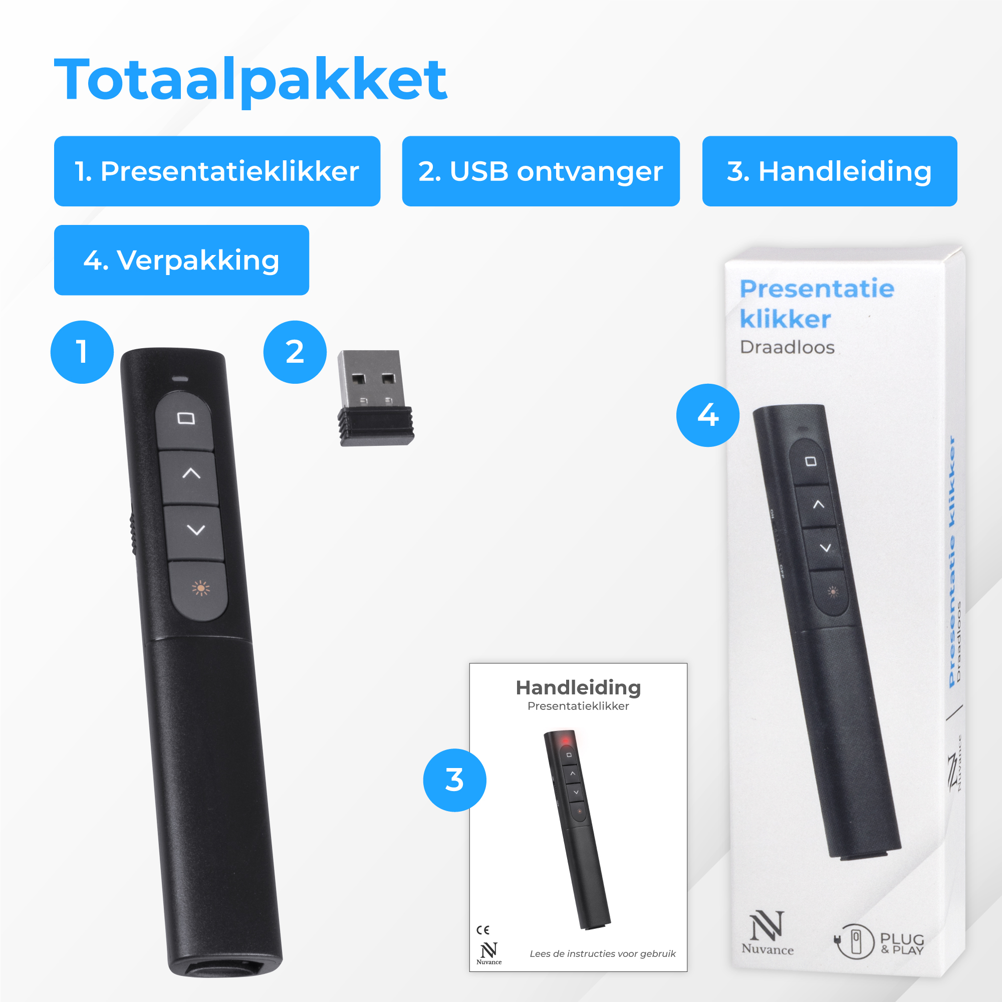Een zwarte presentatieklikker, USB-ontvanger, handleiding en verpakking.
