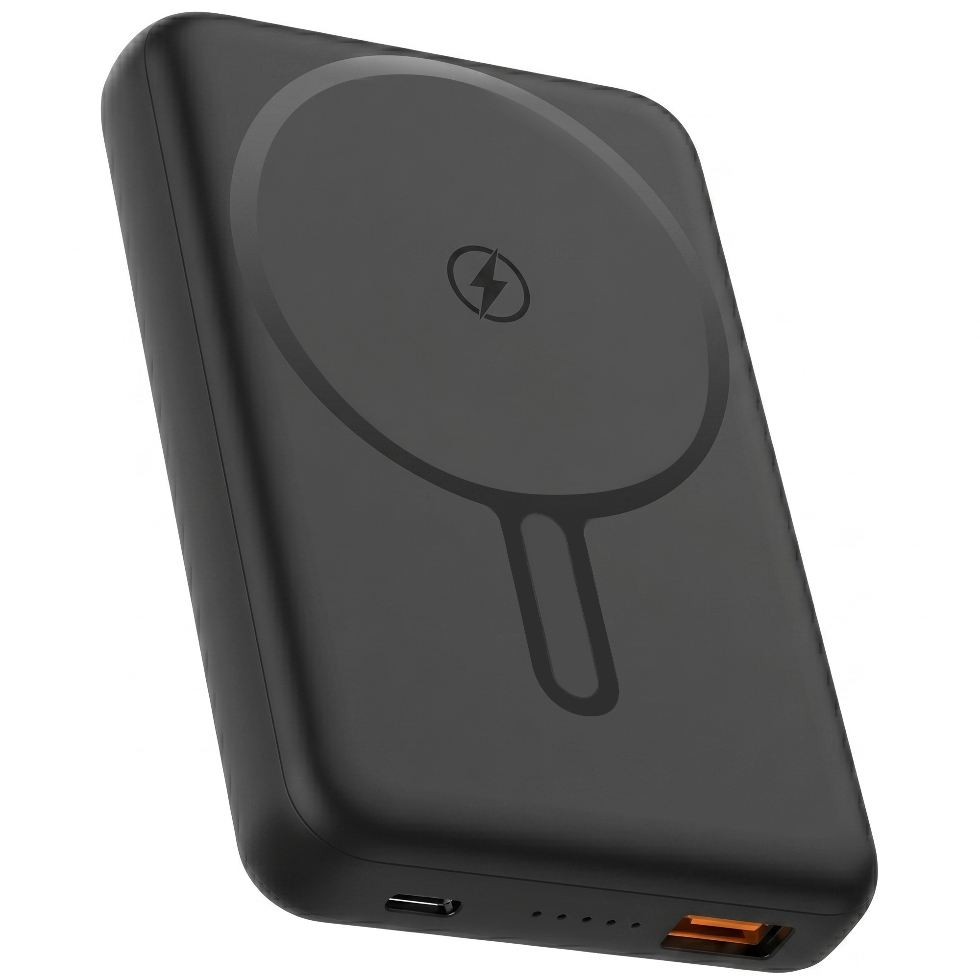 Zwarte powerbank met bliksemlogo en USB-C poort op witte achtergrond.