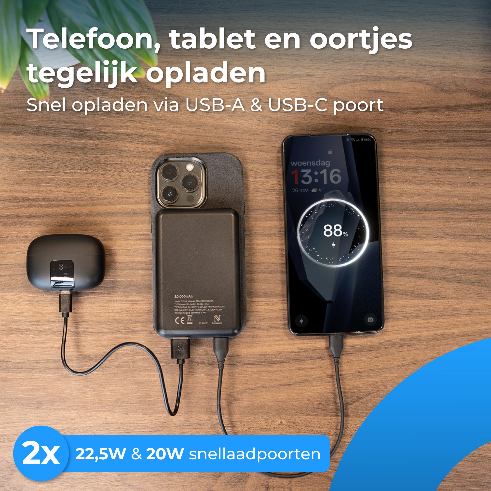 Powerbank laadt telefoon, tablet, oortjes. 10.000mAh, 22,5W & 20W.