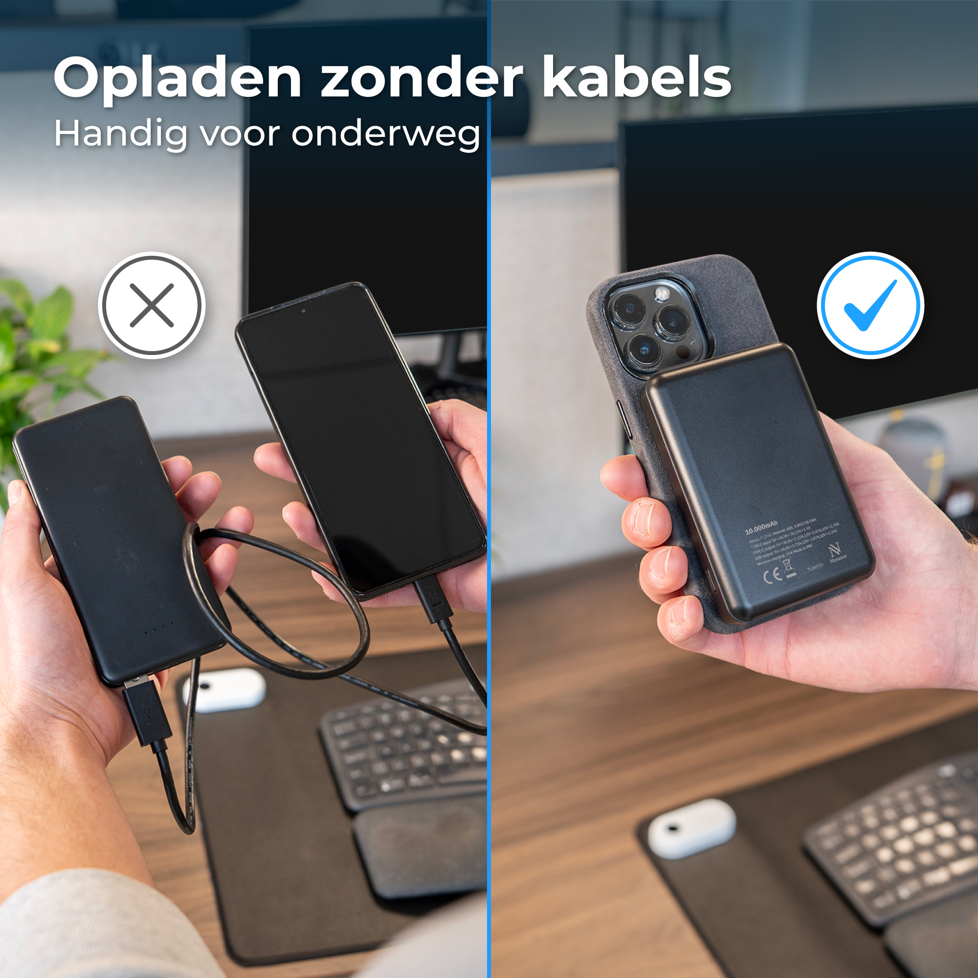 Links: Telefoon opladen met kabel. Rechts: Telefoon draadloos opladen met powerbank.