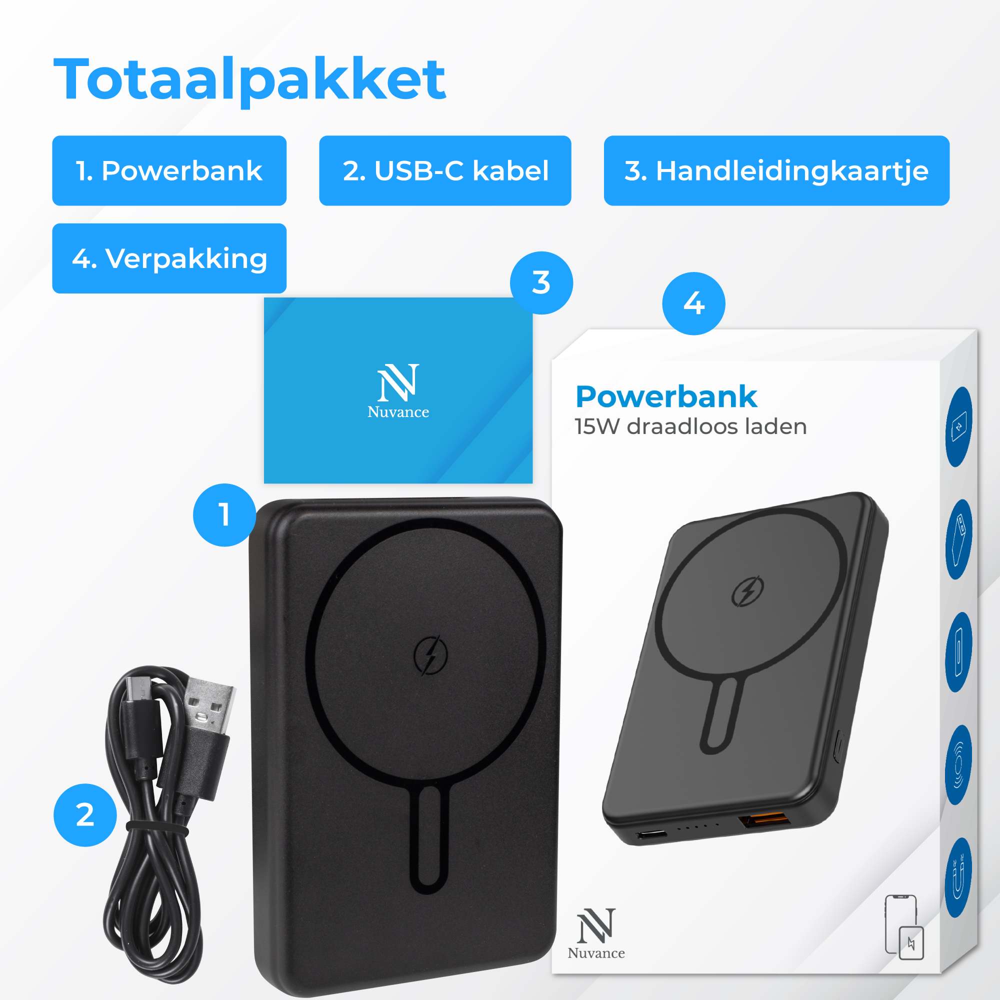 Een zwarte powerbank set met kabel en verpakking.