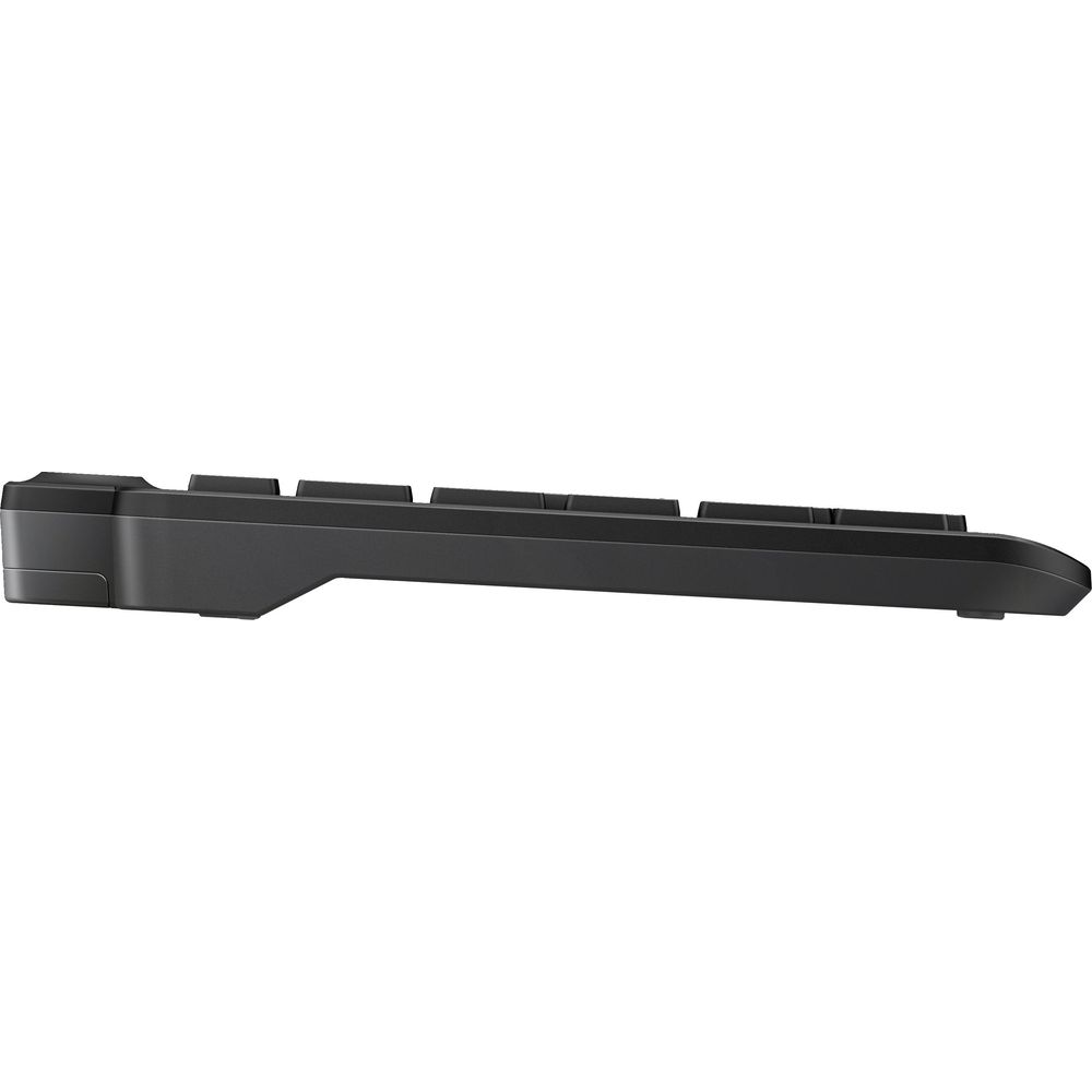 Ein schwarzes, schlankes Tastaturprofil mit Tasten aus der Seitenansicht auf weißem Hintergrund.