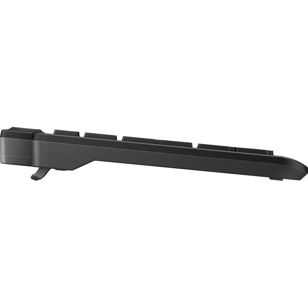 Schwarze Tastatur in Seitenansicht mit weißen Tasten.