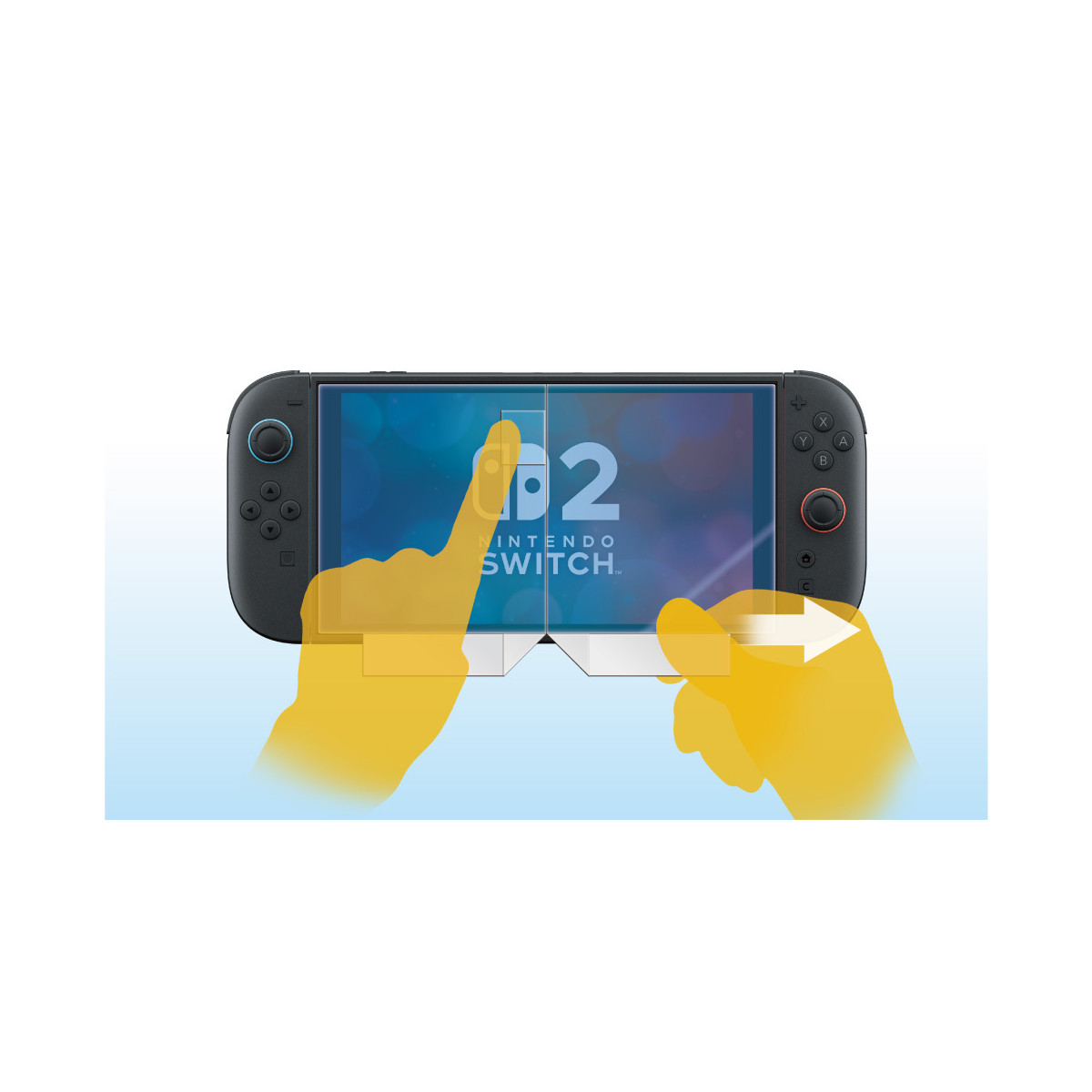 Mani gialle applicano una protezione schermo a un Nintendo Switch che gioca a 1-2-Switch.