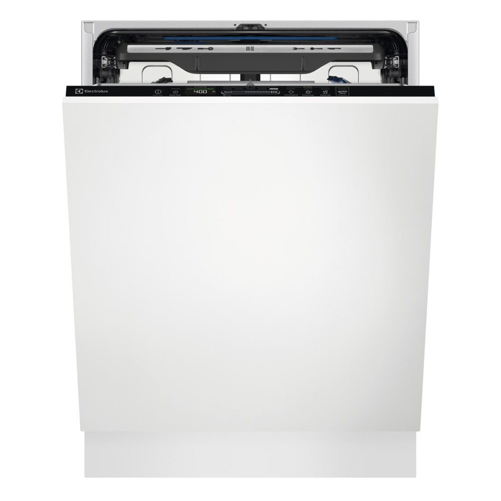Biaa zmywarka Electrolux otwarta, pokazuje panel sterowania z cyfrowym wywietlaczem i przyciskami.