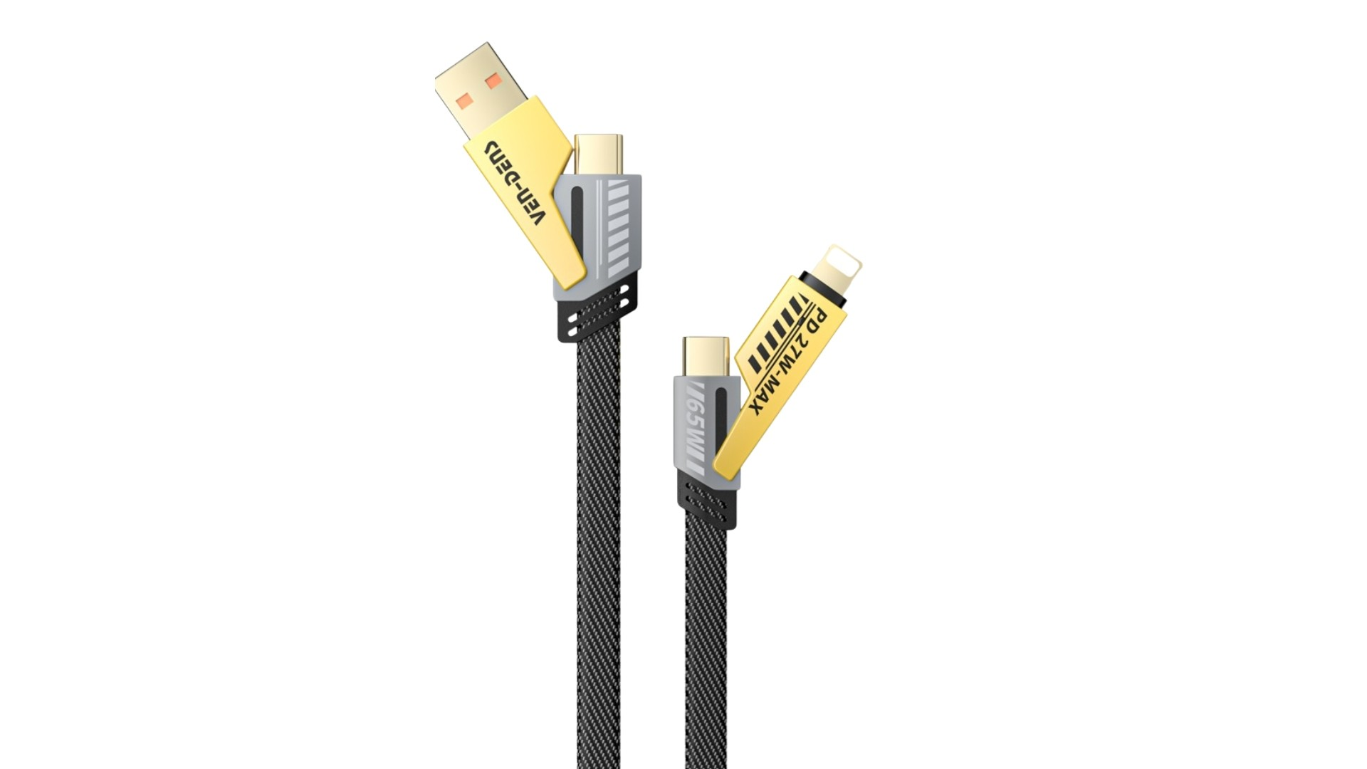 Dwa kable ładujące ze złączami USB-C i Lightning, czarne plecione.