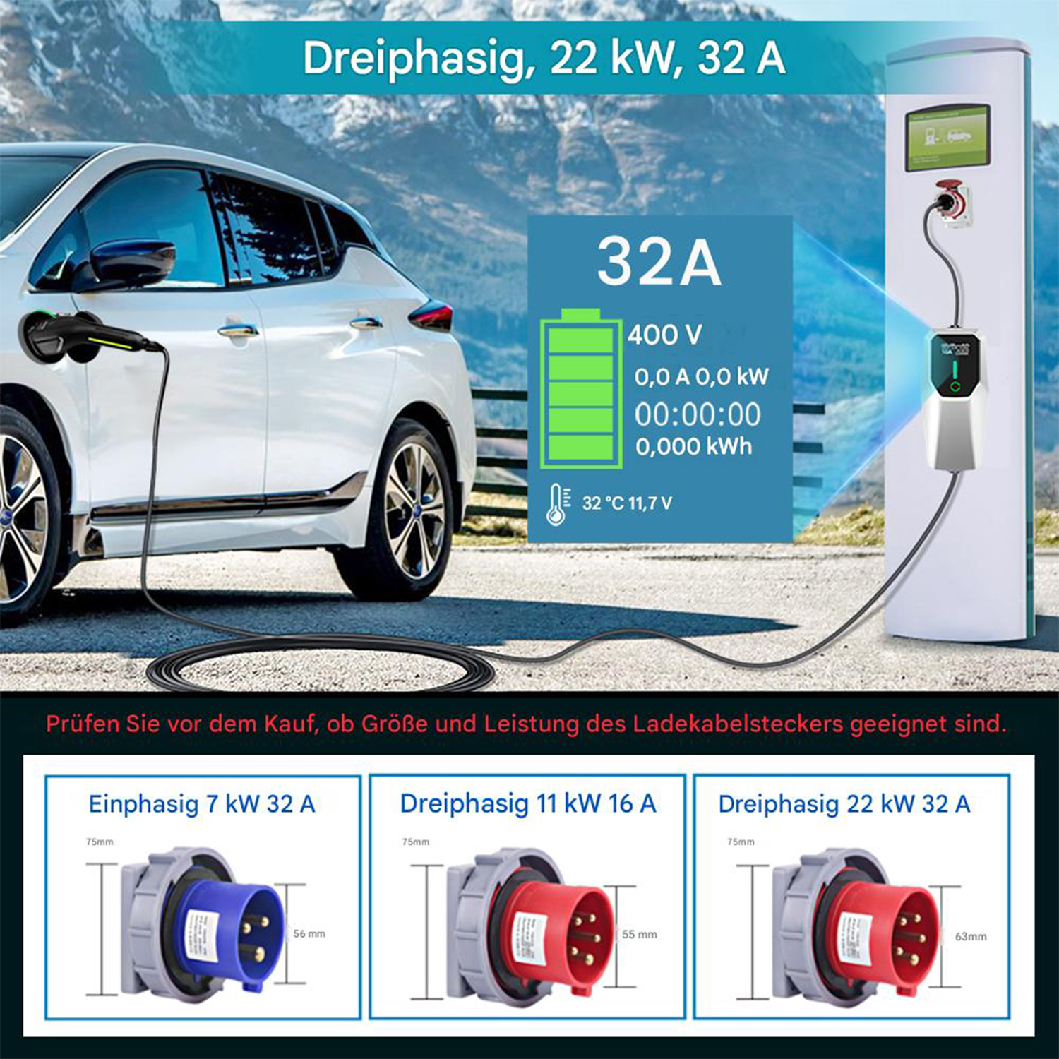 Ein weißes Elektroauto wird an einer Ladestation mit Bergkulisse geladen.