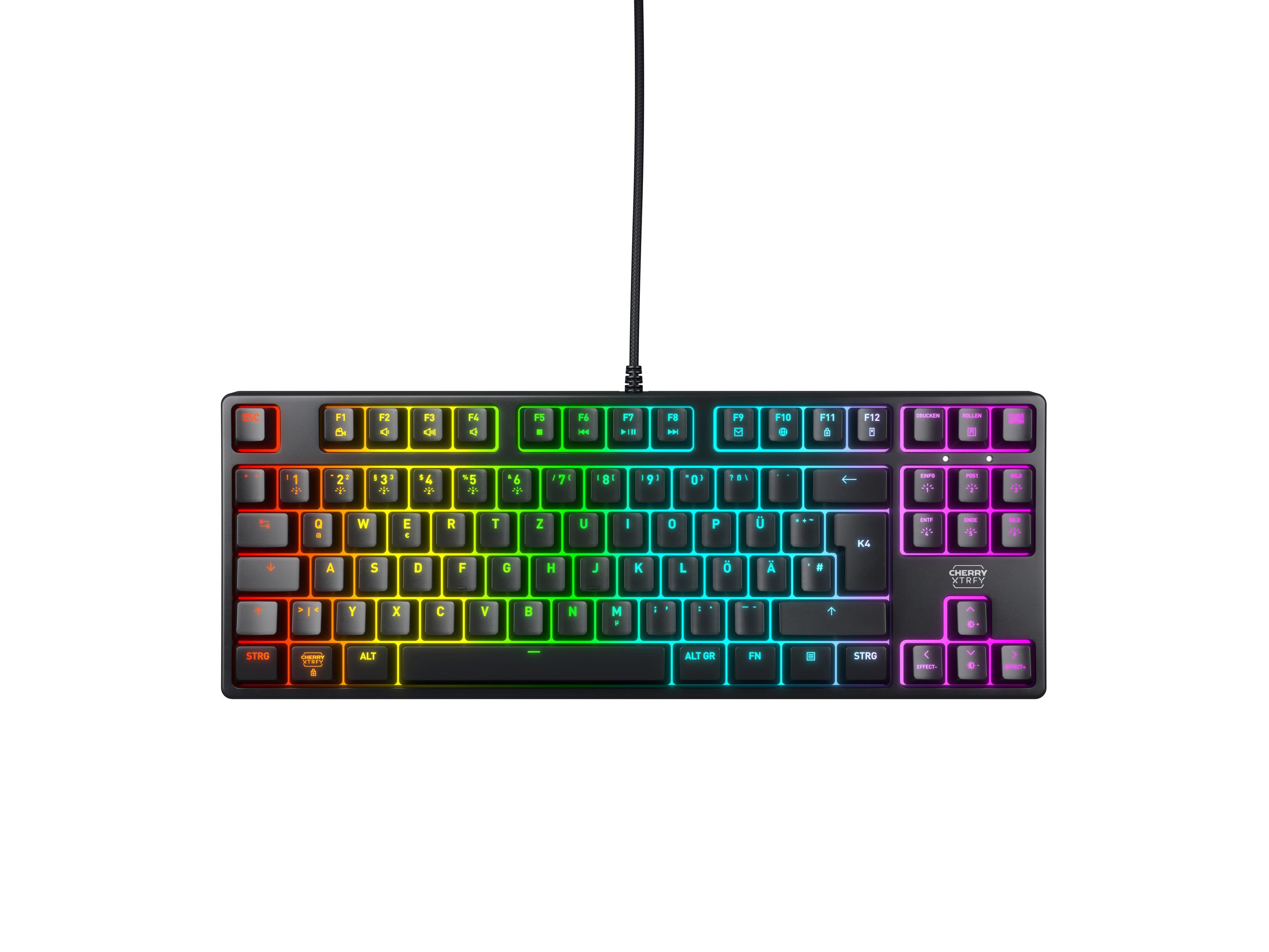 Eine schwarze Tastatur mit farbiger RGB-Hintergrundbeleuchtung auf weißem Hintergrund.