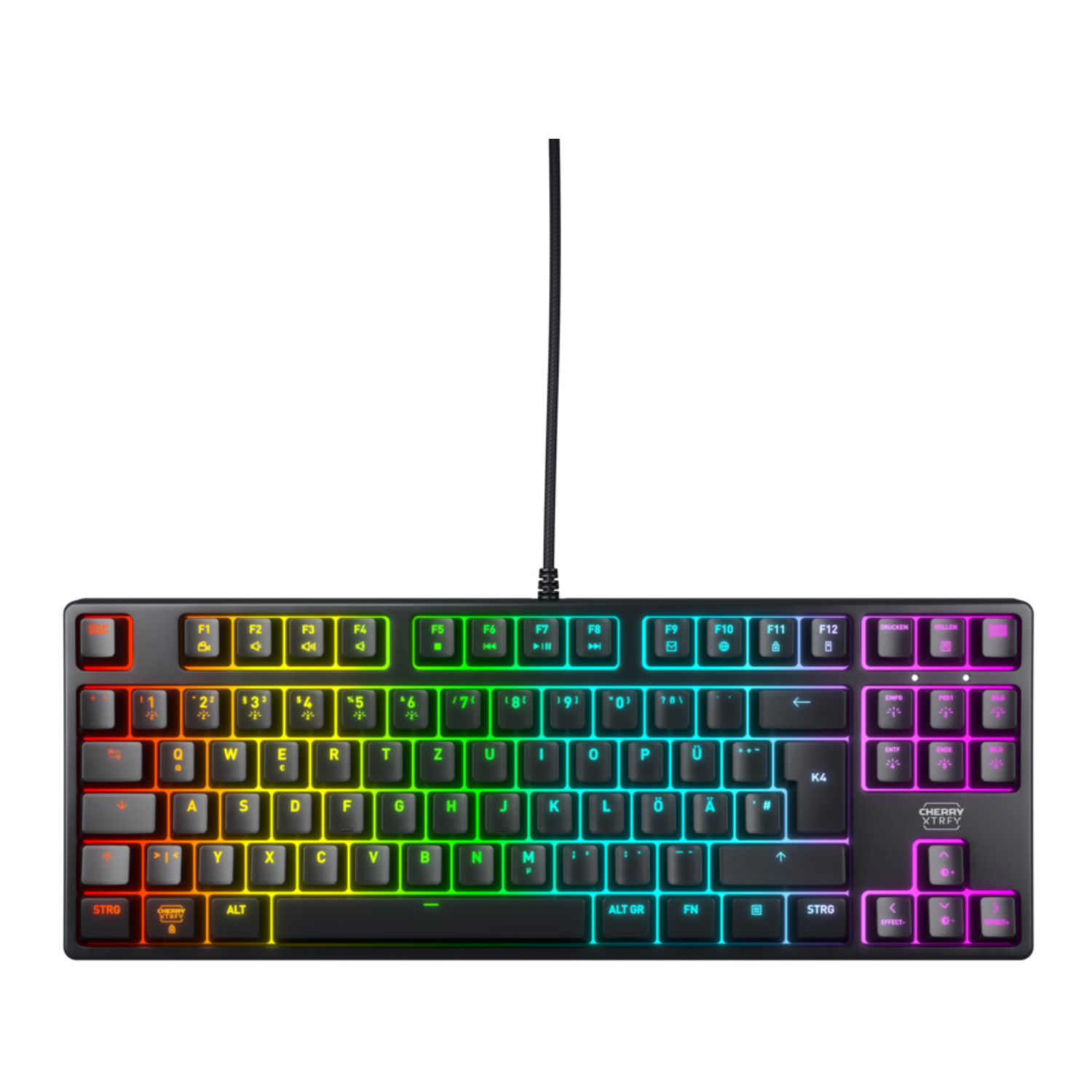 Eine schwarze mechanische Tastatur mit RGB-Beleuchtung und deutschem Layout.