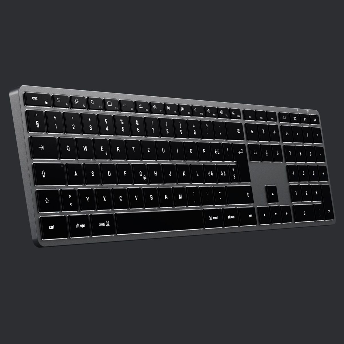 Eine dunkle Tastatur mit silbernem Rahmen und beleuchteten Tasten.