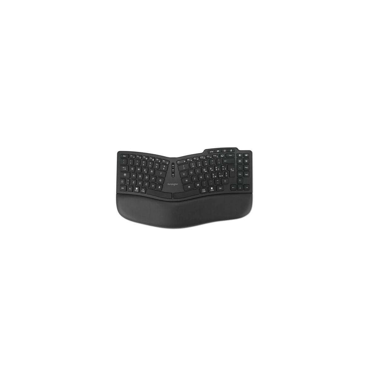 Ergonomische schwarze Tastatur mit geteiltem Layout und Handballenauflage.