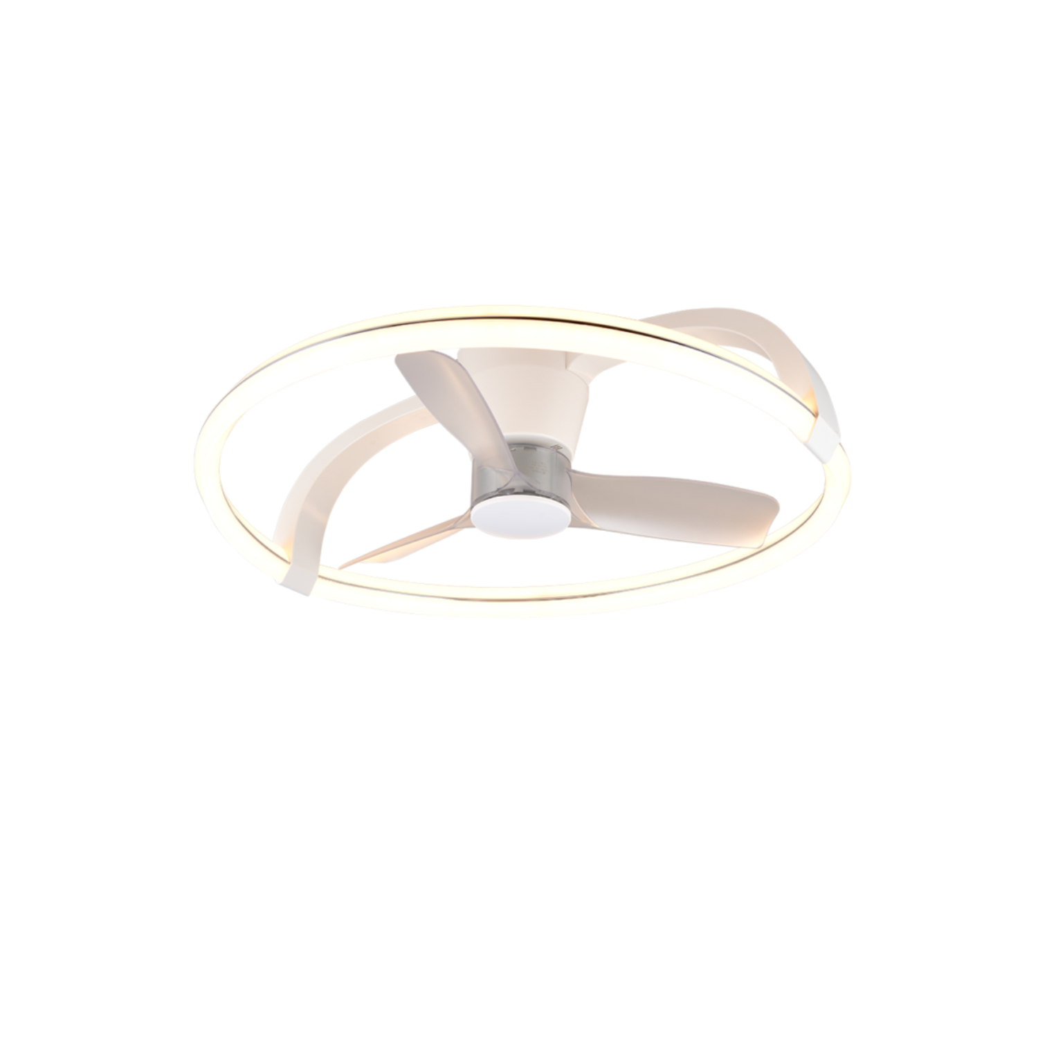 Moderner Deckenventilator mit LED-Ringlicht und weißen Rotorblättern.