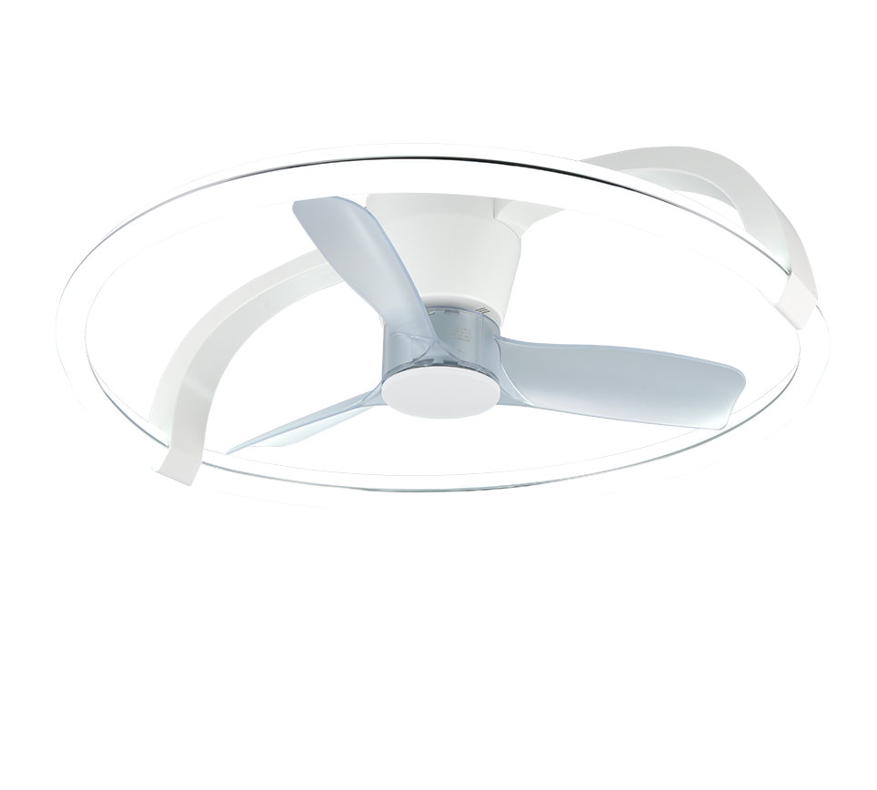 Ein weier Deckenventilator mit durchsichtigem Propeller und Ringlicht.