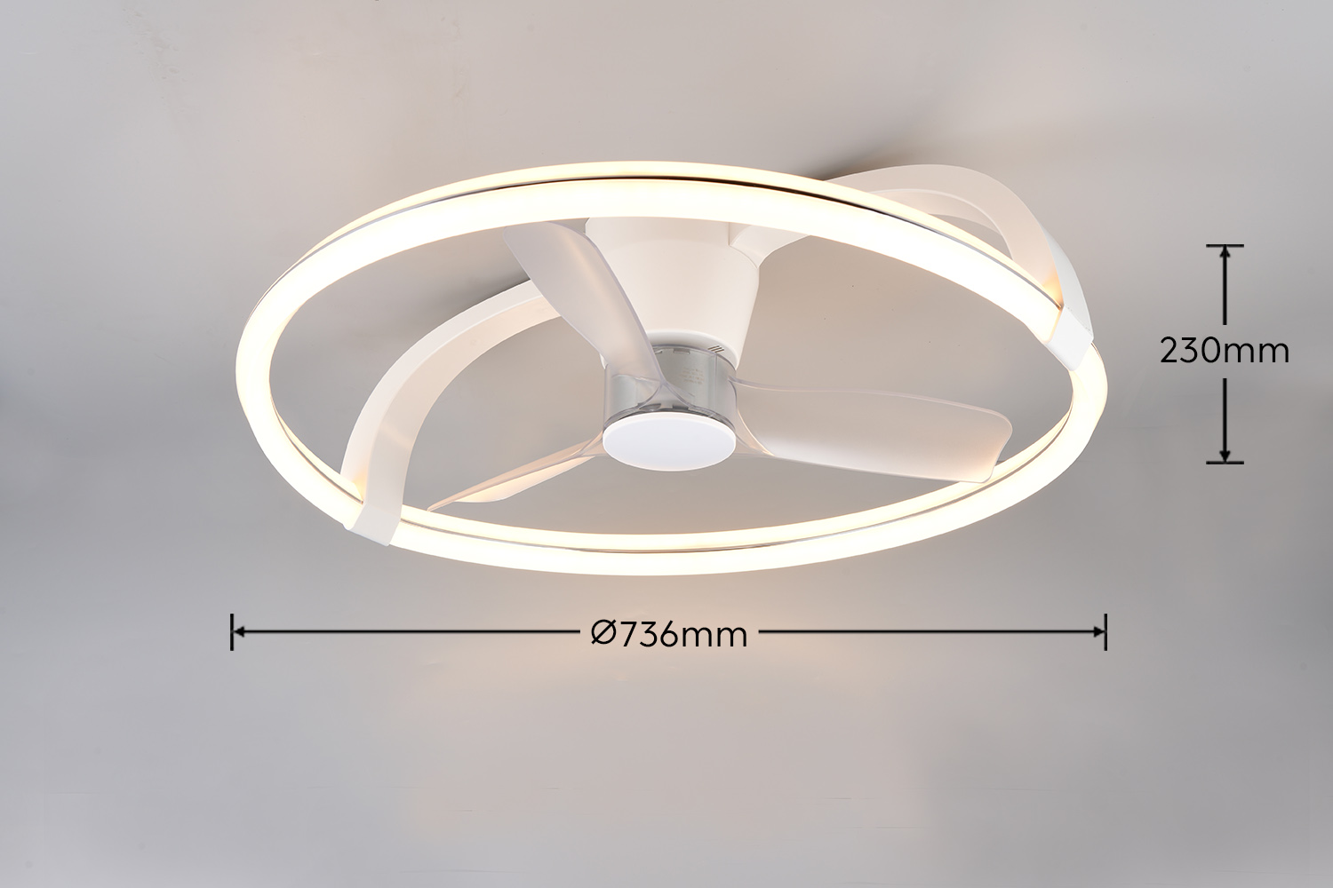 Moderne Deckenlampe mit integriertem Ventilator und LED-Ring, 736mm Durchmesser.