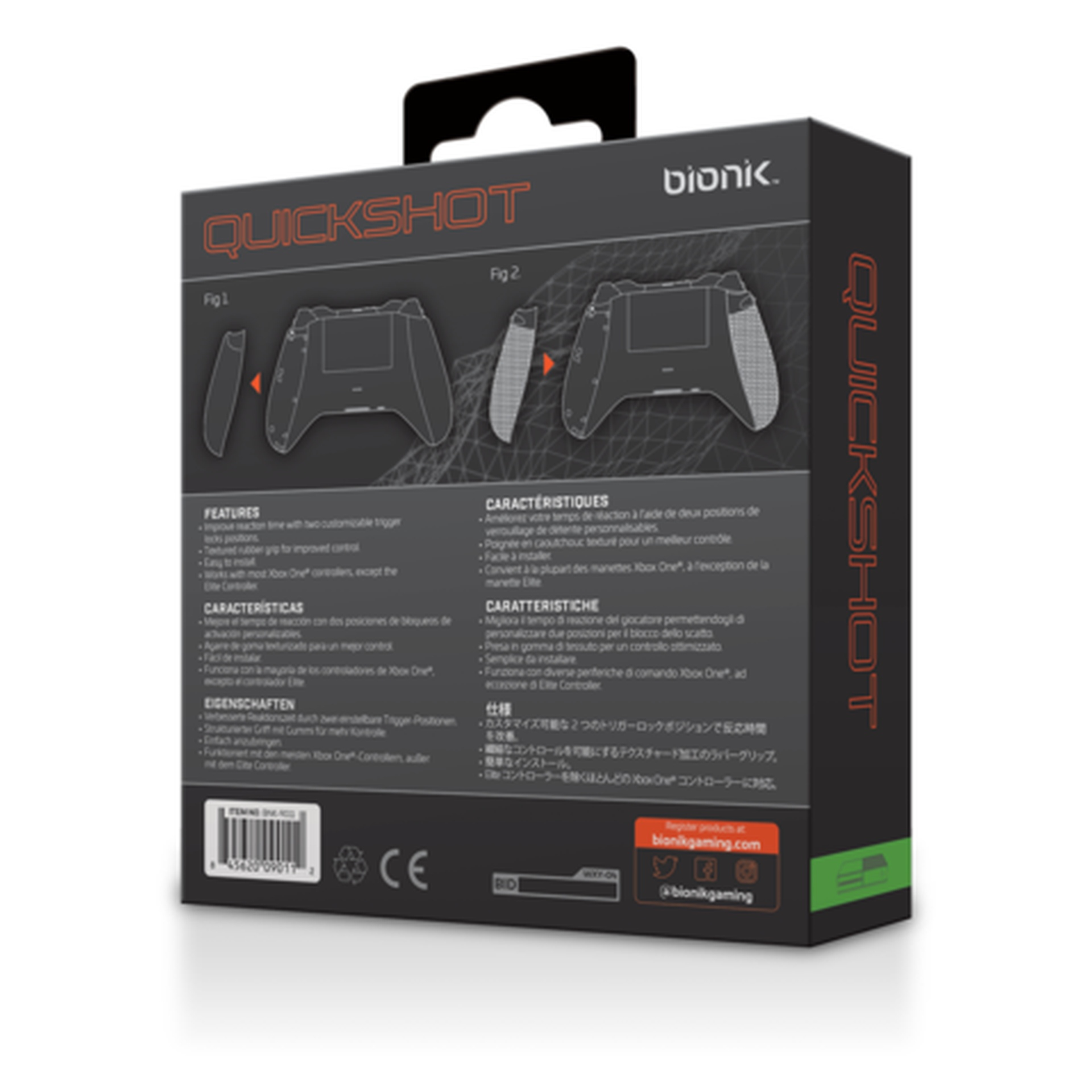 Pudełko do akcesoriów kontrolera Xbox Bionic Quickshot z obrazami produktu.