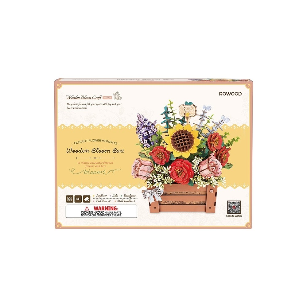 'Wooden Bloom Craft' kutusu, ayçiçeği, gül ve leylak içeren 3D çiçek aranjmanı gösteriyor.