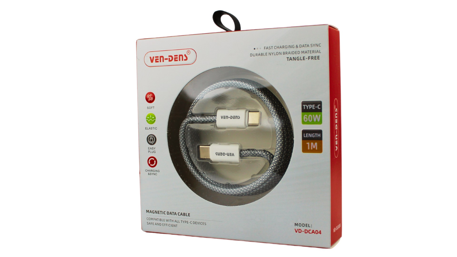Szary pleciony kabel USB-C w opakowaniu, 60W, 1M.