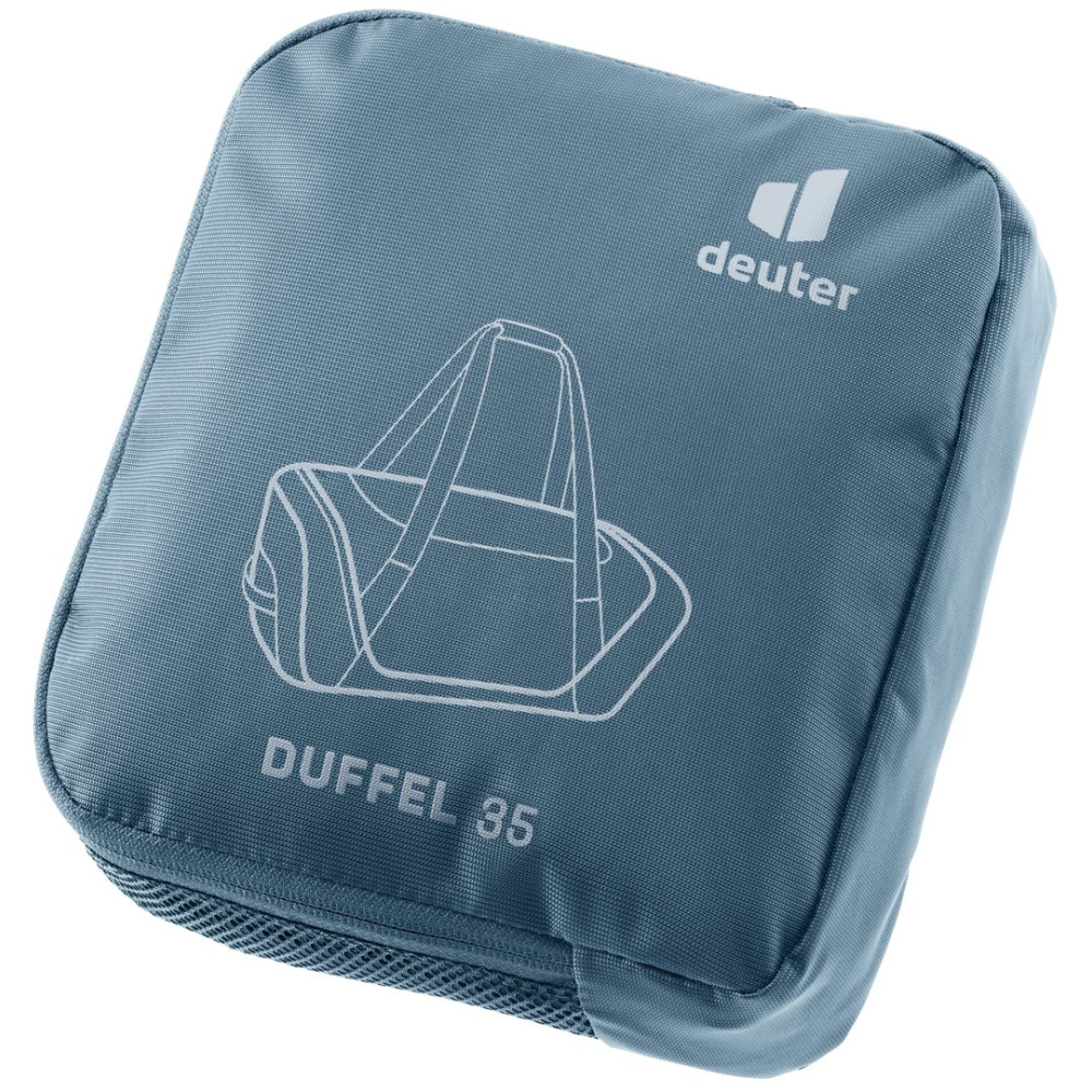 Niebieska torba Deuter Duffel 35 z rysunkiem liniowym torby podróżnej i logo marki.