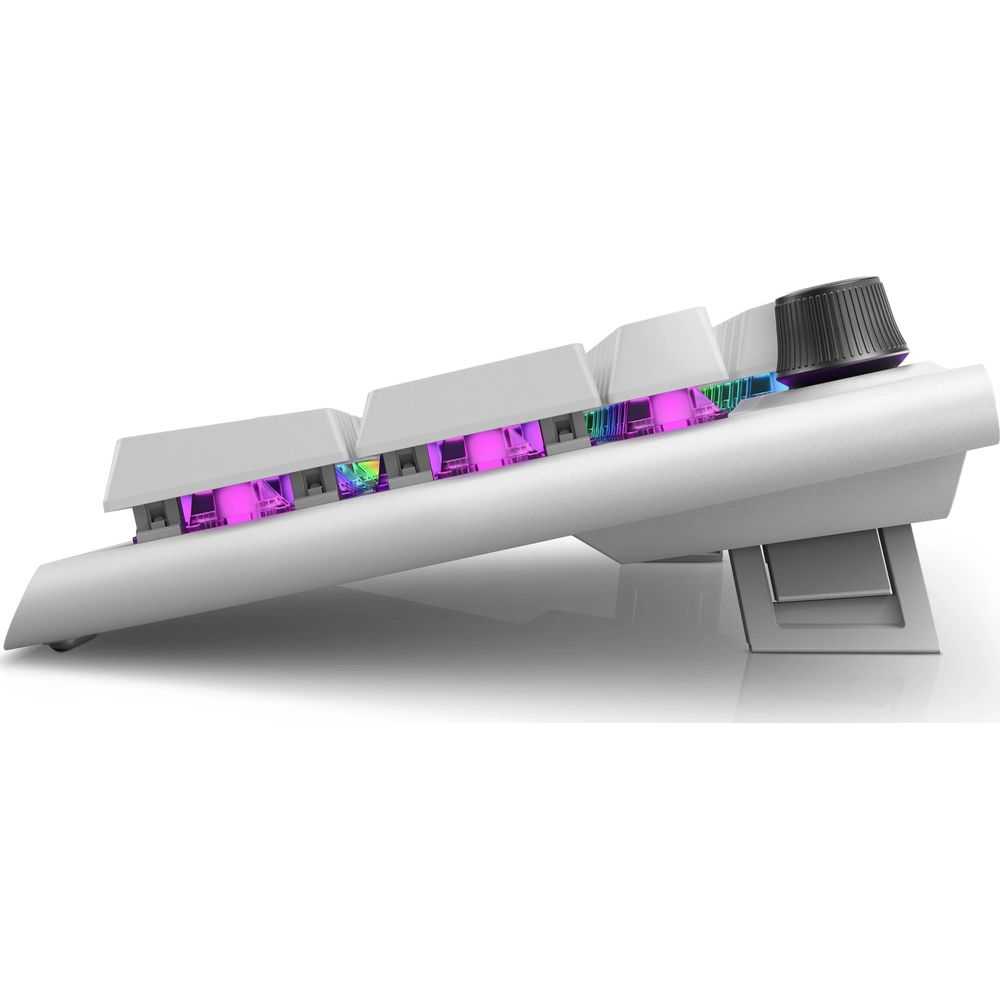 Weiße mechanische Tastatur mit RGB-Beleuchtung, Seitenansicht.