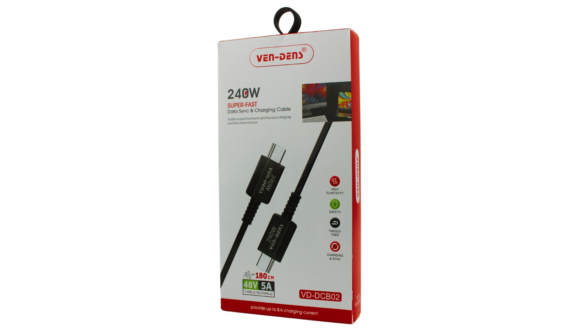 Opakowanie kabla ładującego 240W USB-C, z obrazem produktu i detalami.