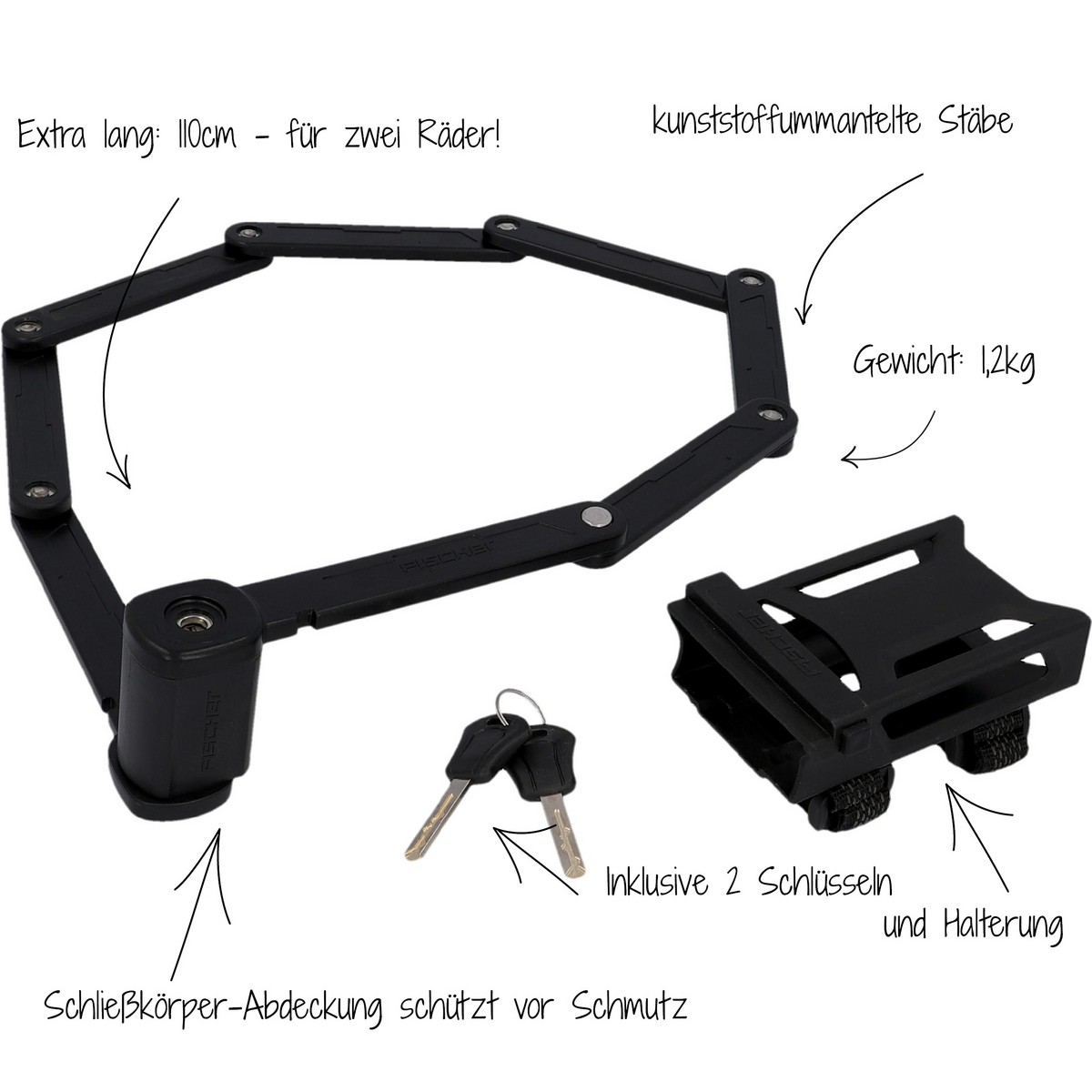 Schwarzer Fahrradschloss aus Gliedern, mit 2 Schlüsseln und Halterung.