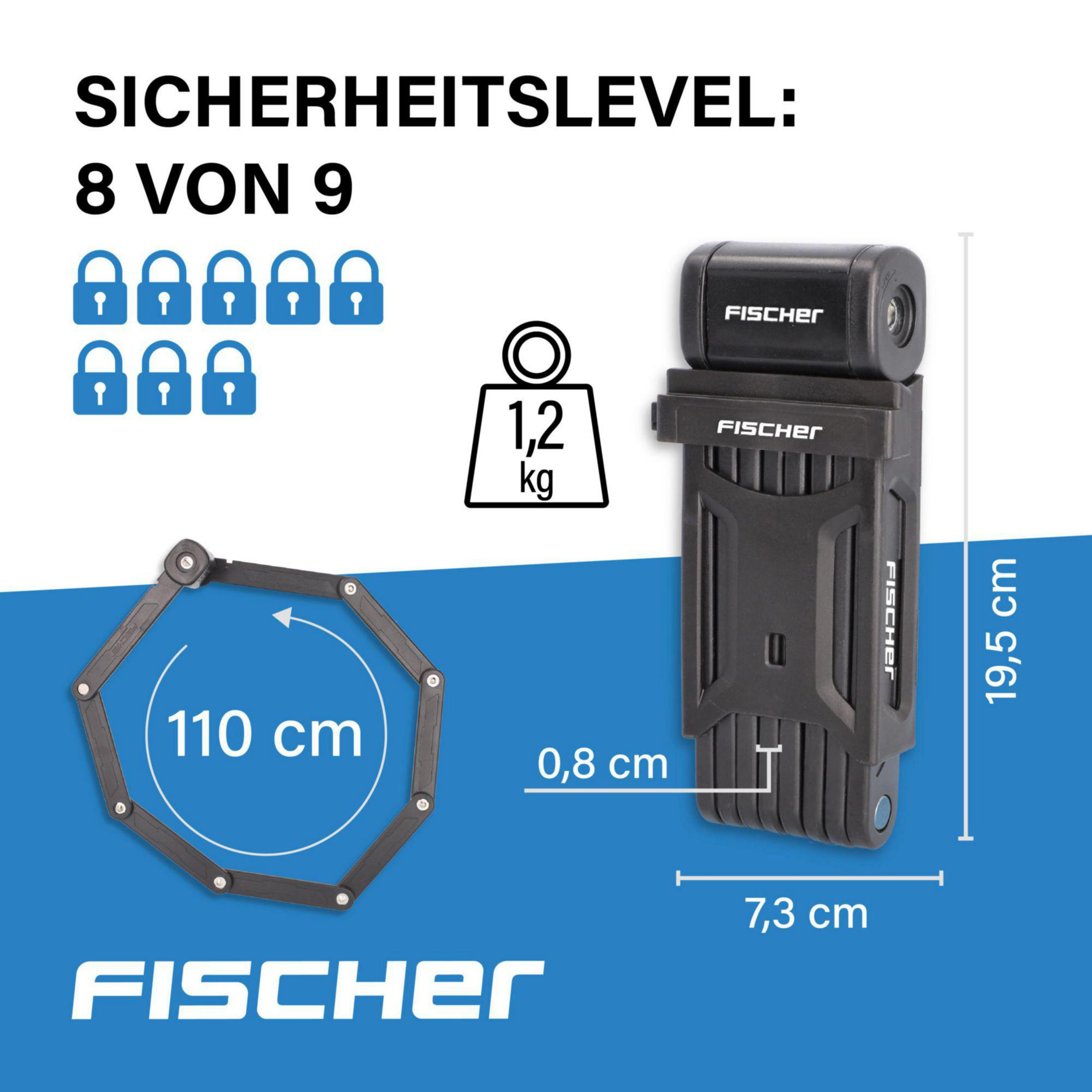 Fischer Fahrradschloss: Sicherheit 8/9, 1.2kg, 110cm Länge, 0.8cm Dicke, 7.3x19.5cm.
