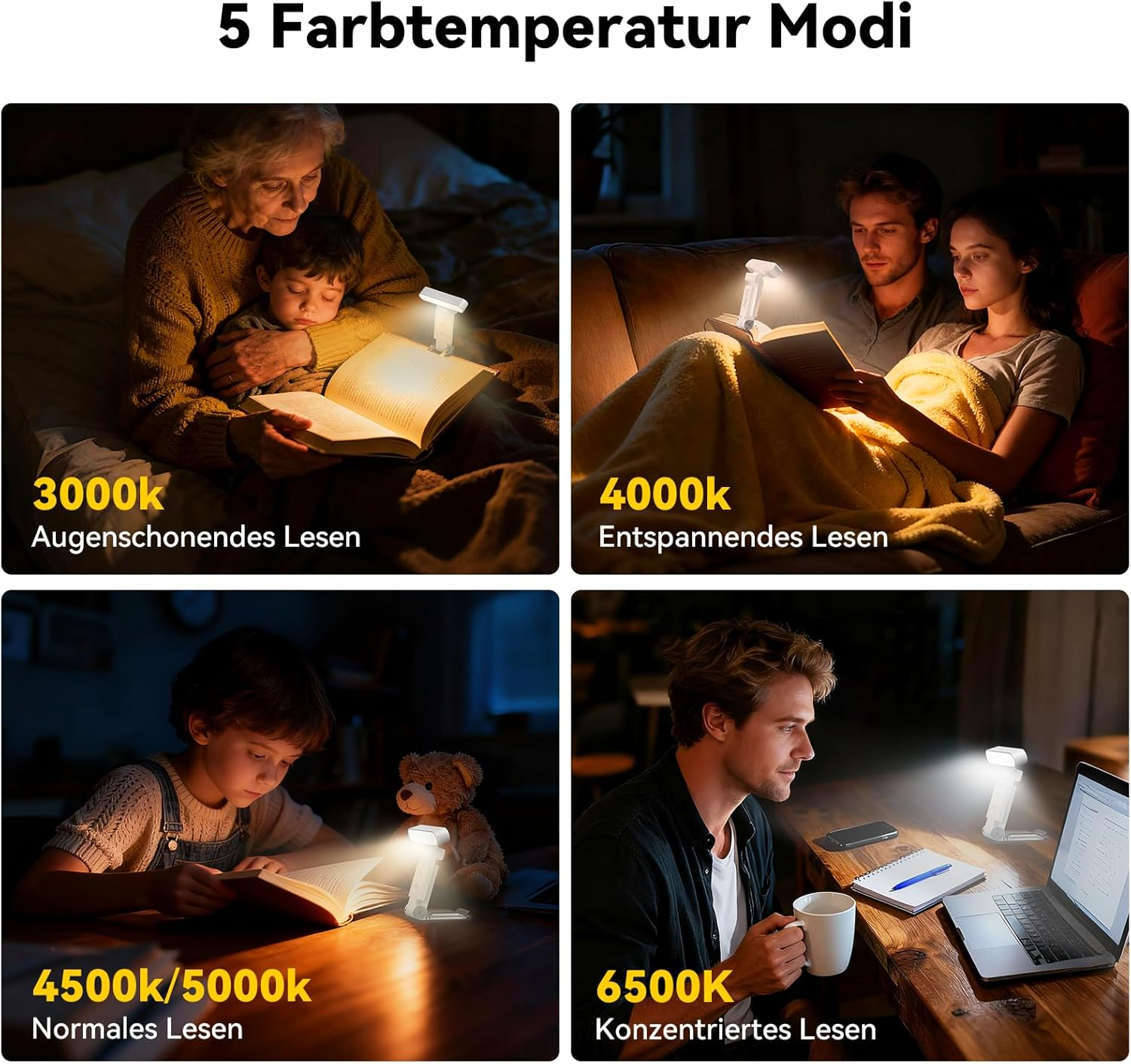 Vier Szenen zeigen Lese-Modi mit unterschiedlichen Farbtemperaturen und Licht.