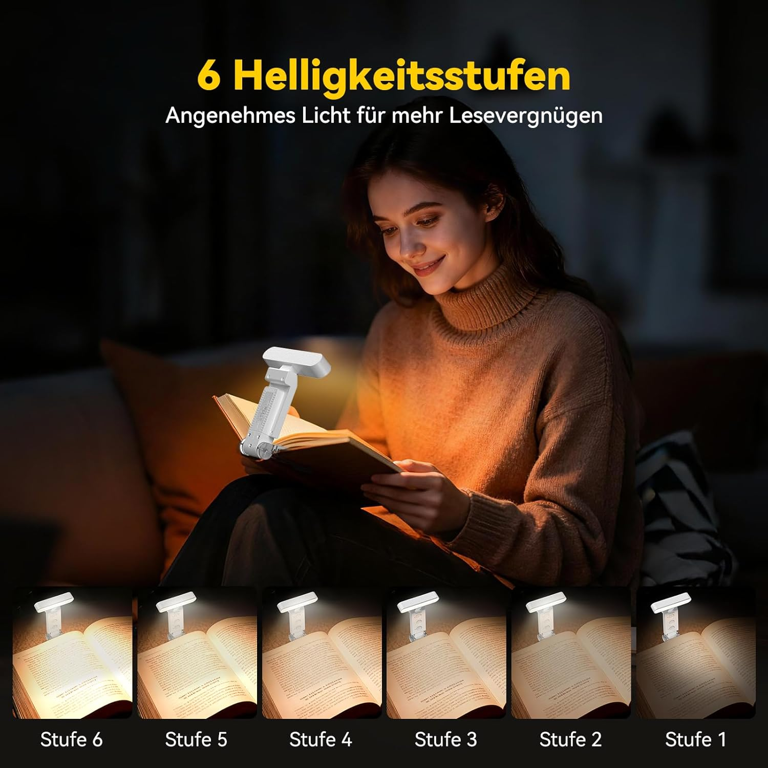 Frau liest Buch im Dunkeln mit verstellbarem Leselicht.