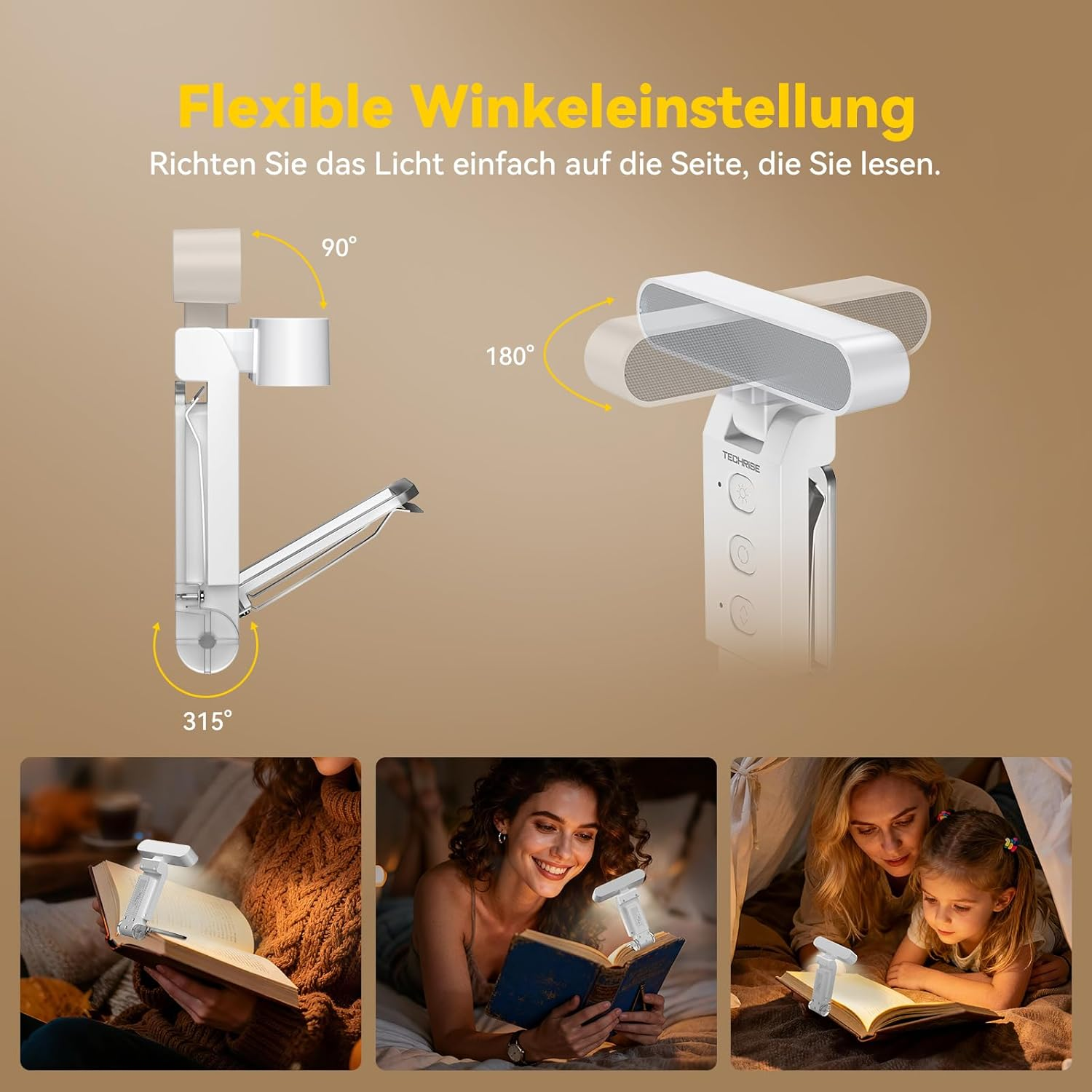 Ein Buchlicht mit flexiblen Winkeln, das 90°, 180° und 315° verstellbar ist.