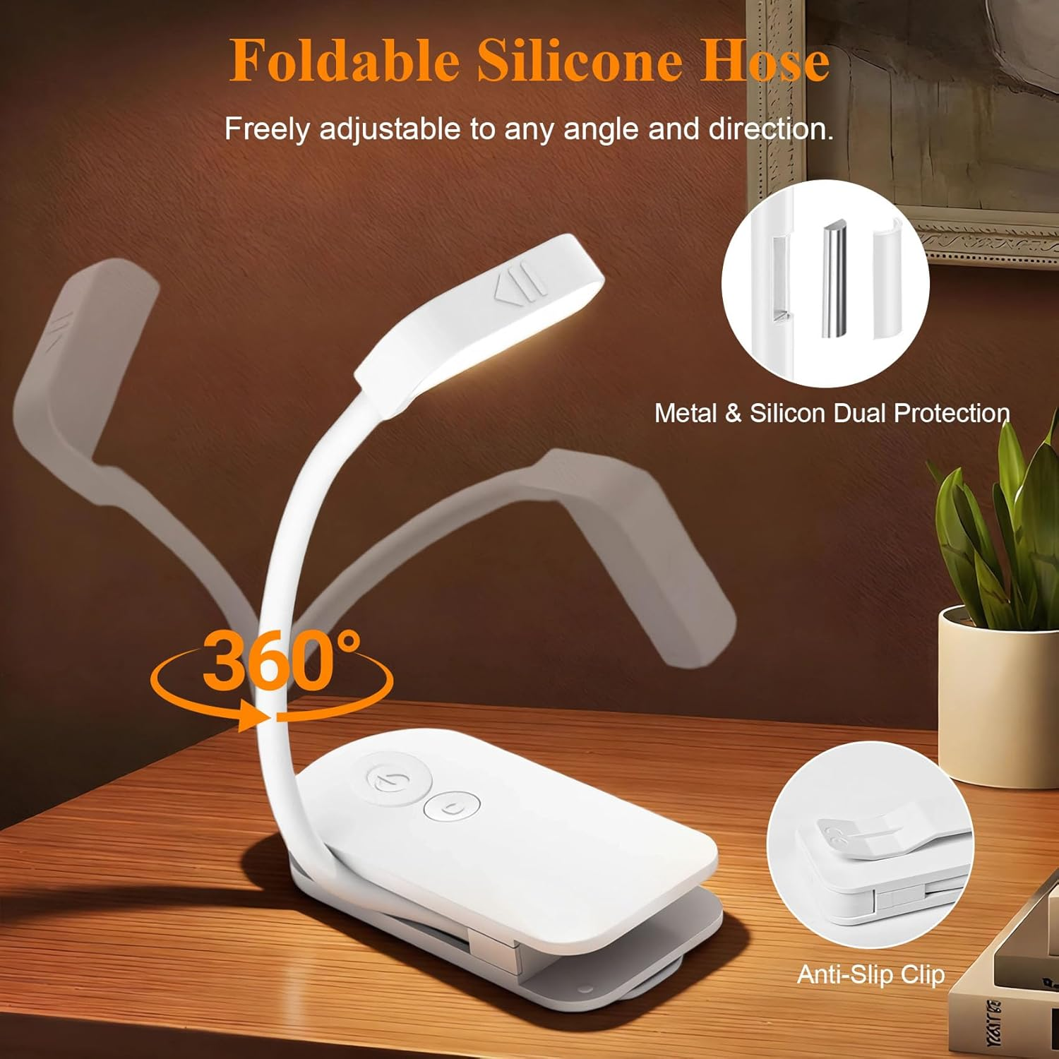Ein weißer Schreibtischarm mit LED-Lampe auf einem Holztisch. Zeigt 360-Grad-Verstellbarkeit.