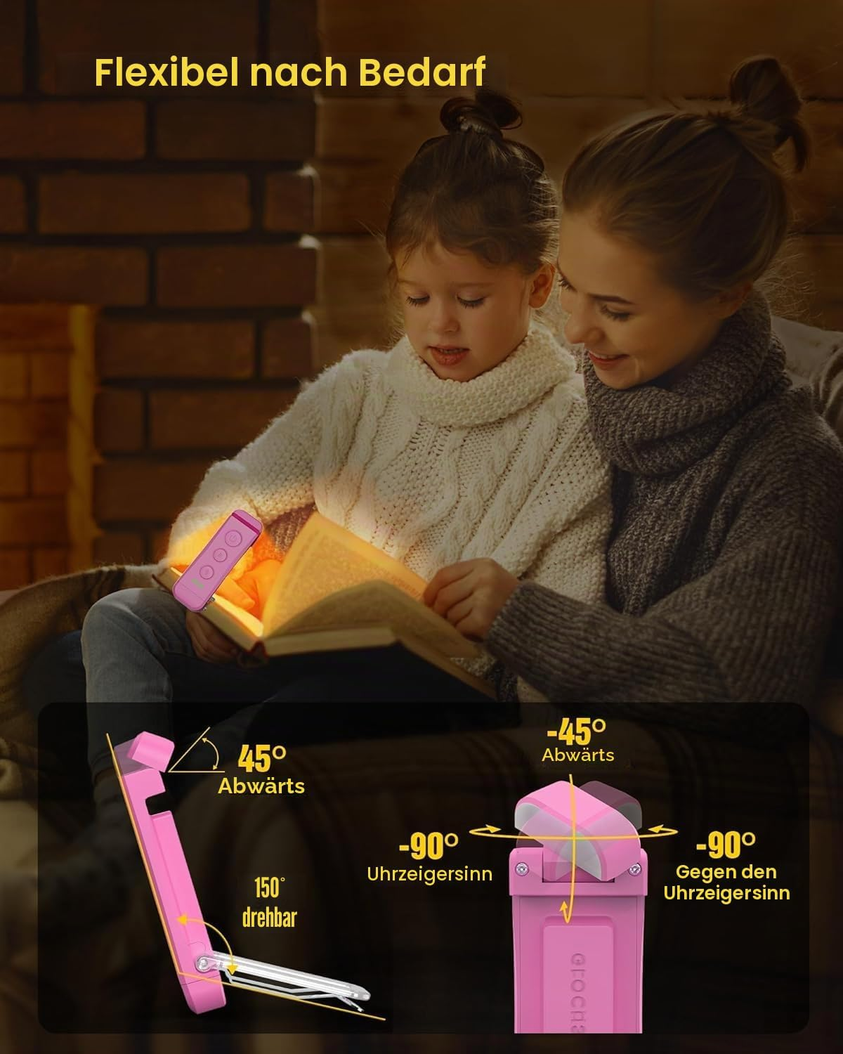 Mutter und Kind lesen im Schein einer Lampe. Technische Details werden gezeigt.