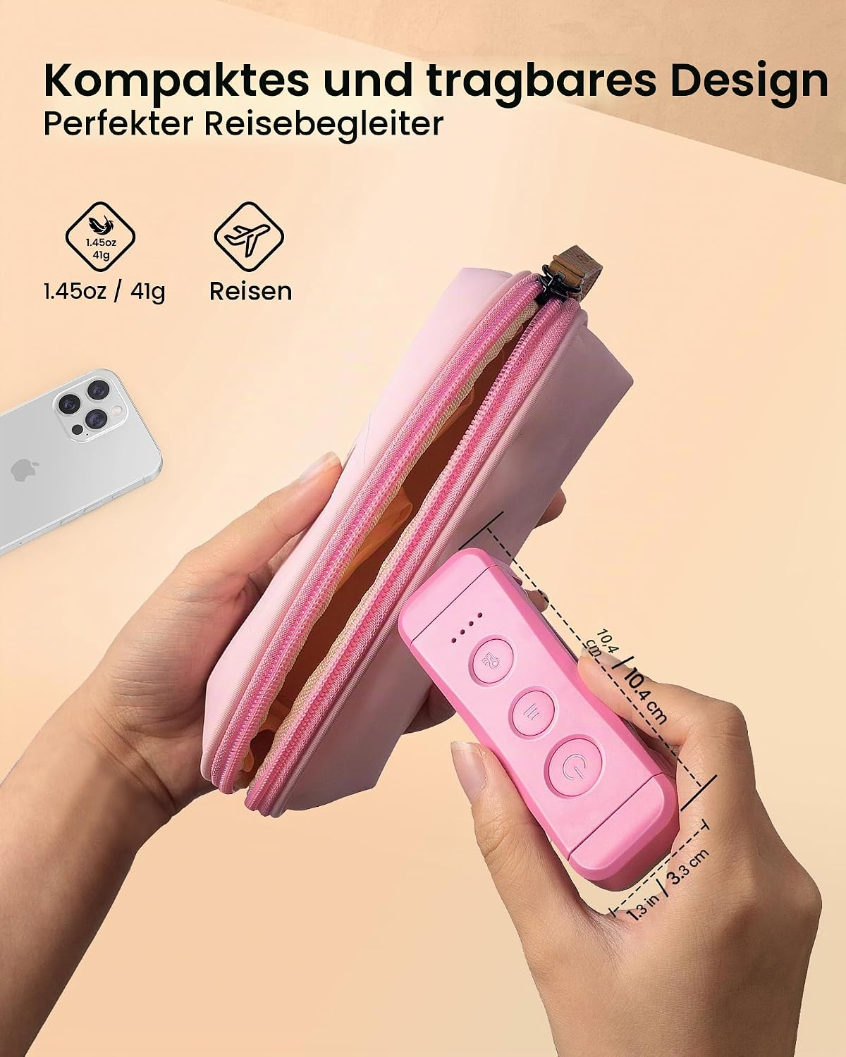 Eine Hand hält ein rosa Etui und ein rosa Gerät mit Maßen.